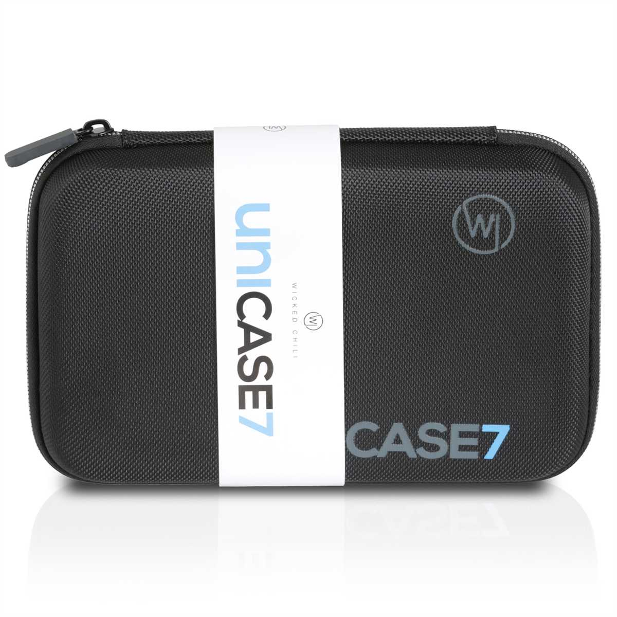 Schwarzes Etui mit Reißverschluss, Aufdruck 'UniCASE7' auf weißem Band, Logo 'Wicked Chili'.