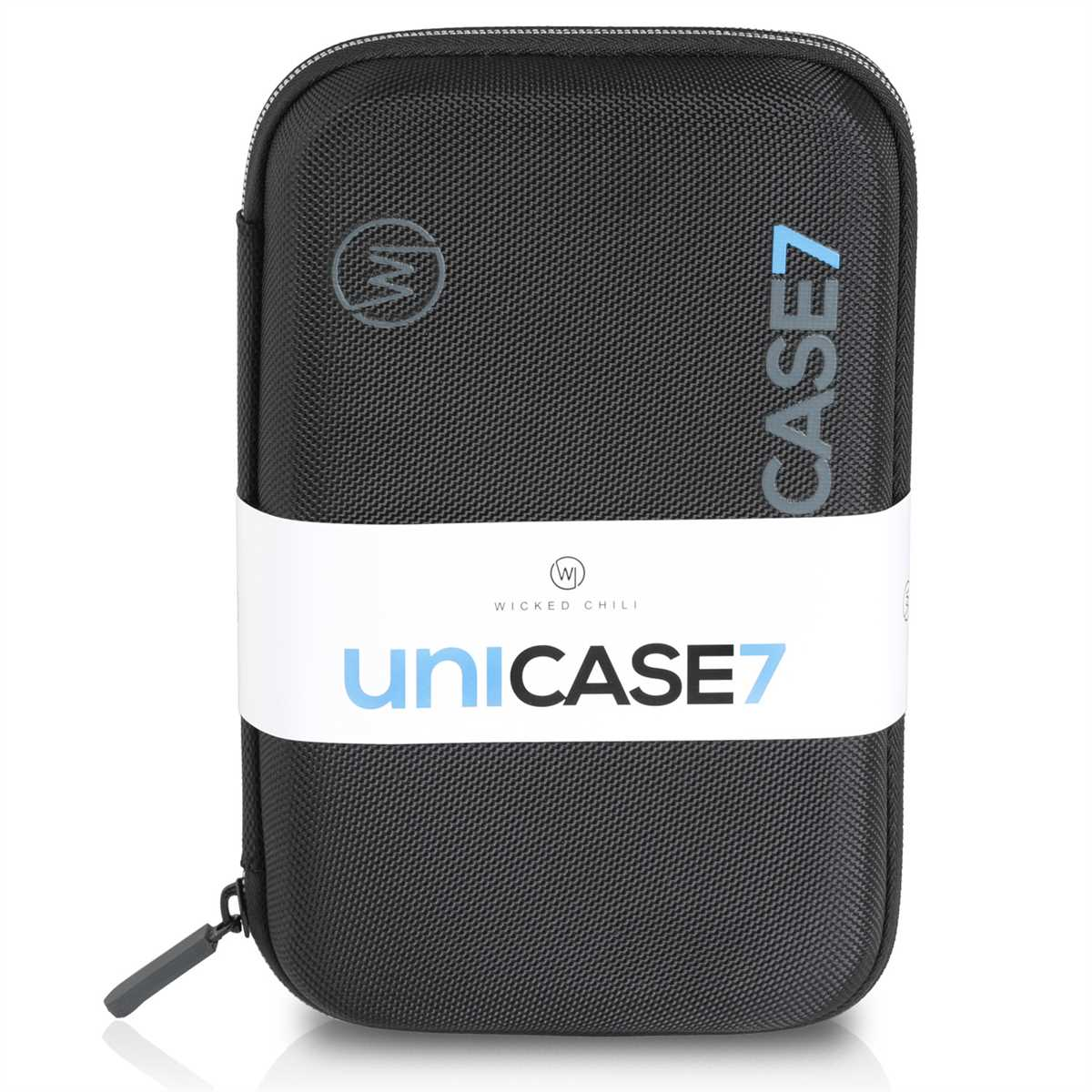 Schwarze Hülle mit blauem Text 'uniCASE7' und Logo. Weißes Band mit 'WICKED CHILI'. Reißverschluss links.
