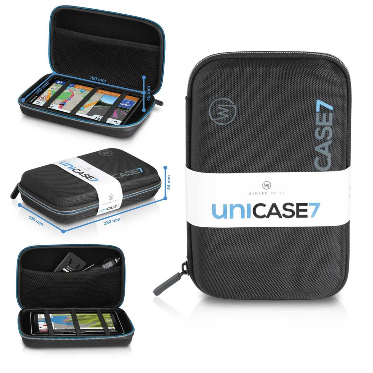 Schwarze Tasche mit Unicase7-Text, verschiedene offene Ansichten mit Geräten. Abmessungen sind angegeben.