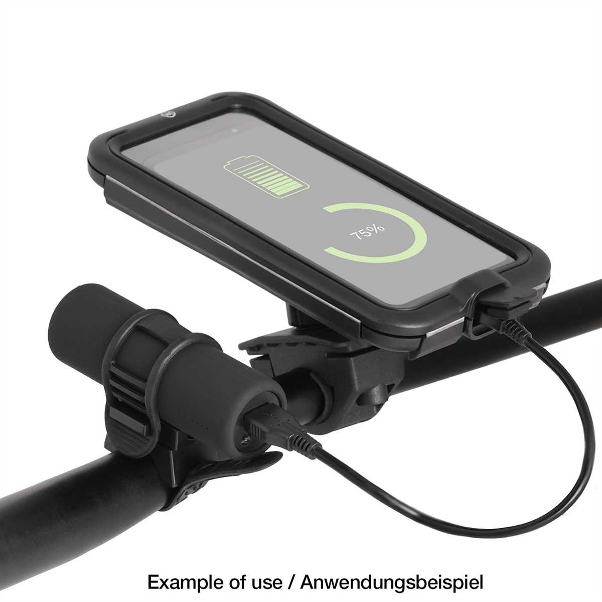 Ein Telefon an einem Fahrradlenker montiert, lädt. Bildschirm zeigt 75% Akku.