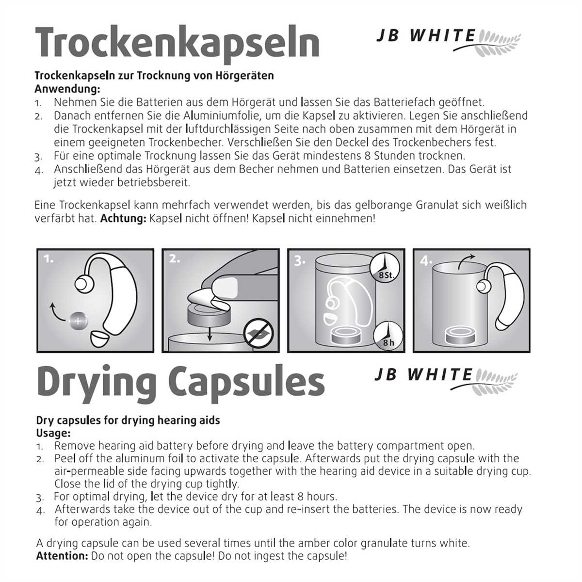 Anweisungen zur Verwendung von Trocknungskapseln für Hörgeräte, mit Illustrationen des Prozesses.