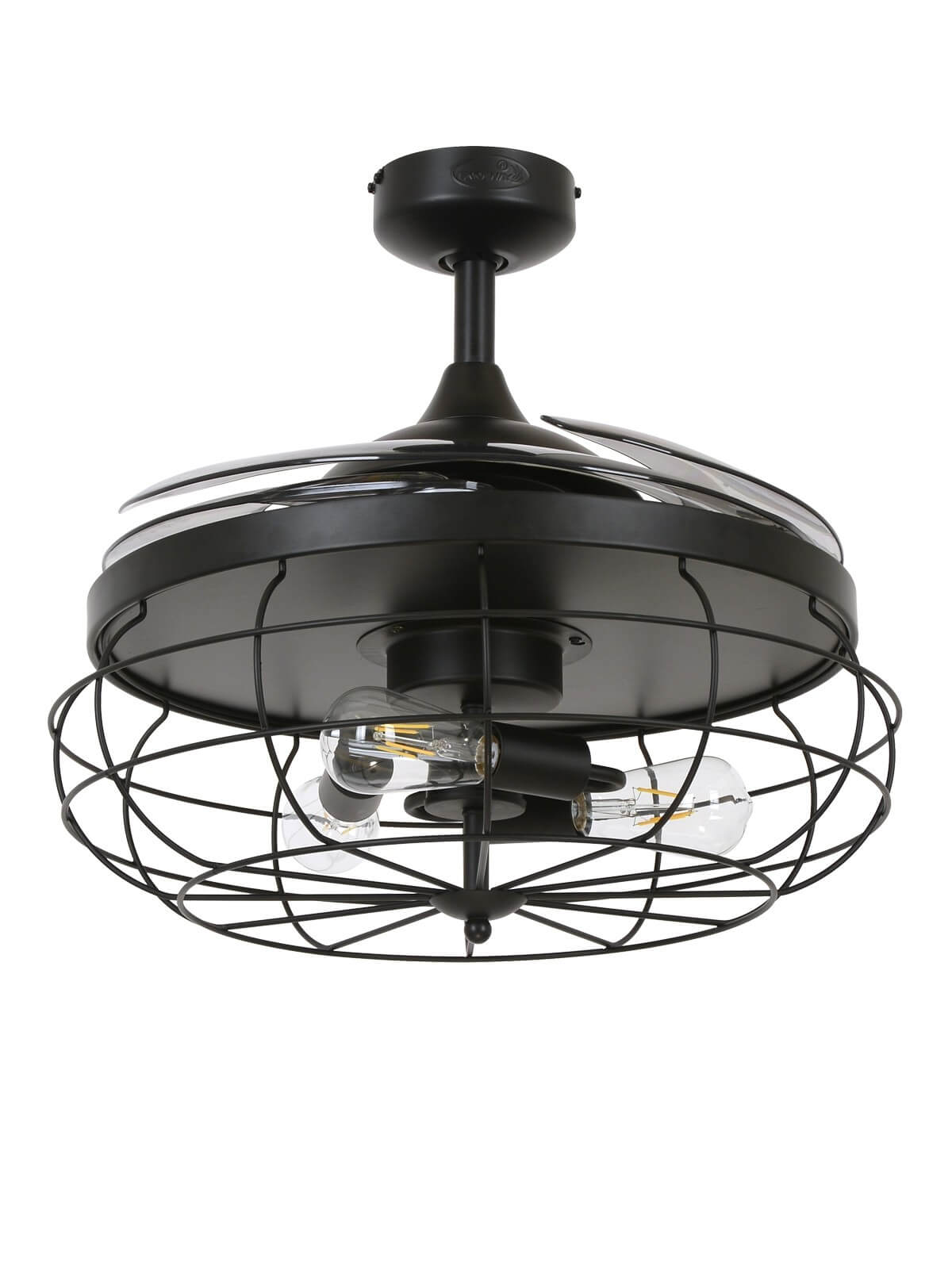 Ein schwarzer Deckenventilator mit drei Glühbirnen in einem Käfig, isoliert auf weißem Hintergrund.