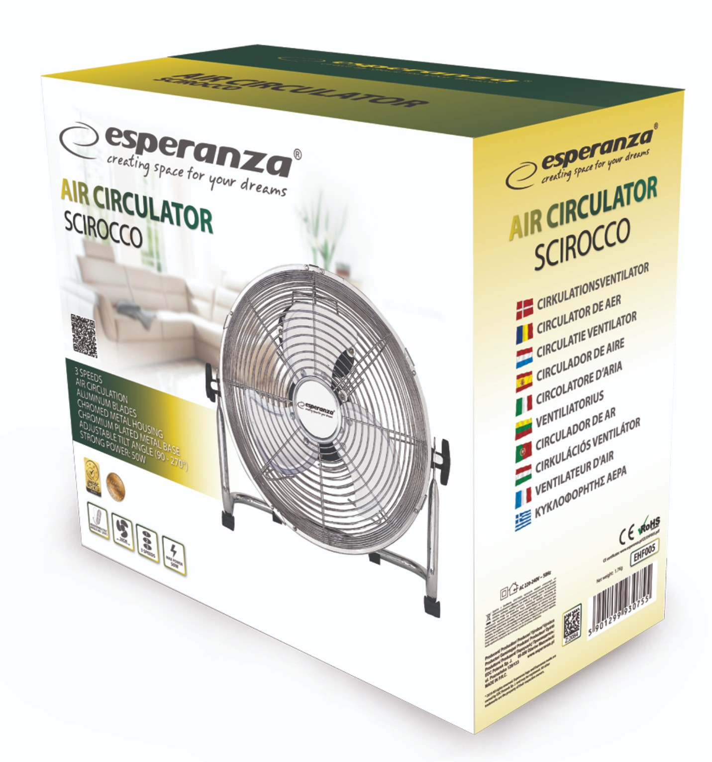 Zapakowany wentylator cyrkulacyjny z tłumaczeniami w różnych językach z boku.