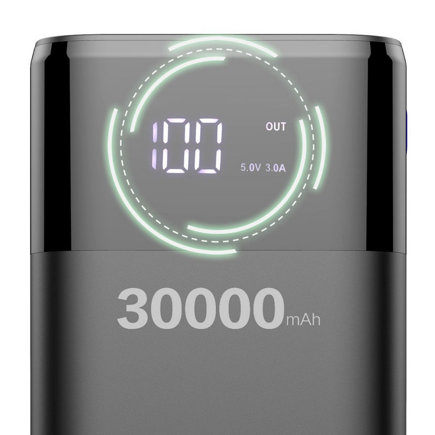 Nahaufnahme einer Powerbank mit digitaler Anzeige, die 100 % Akkuladung und die Ausgangsleistung zeigt.