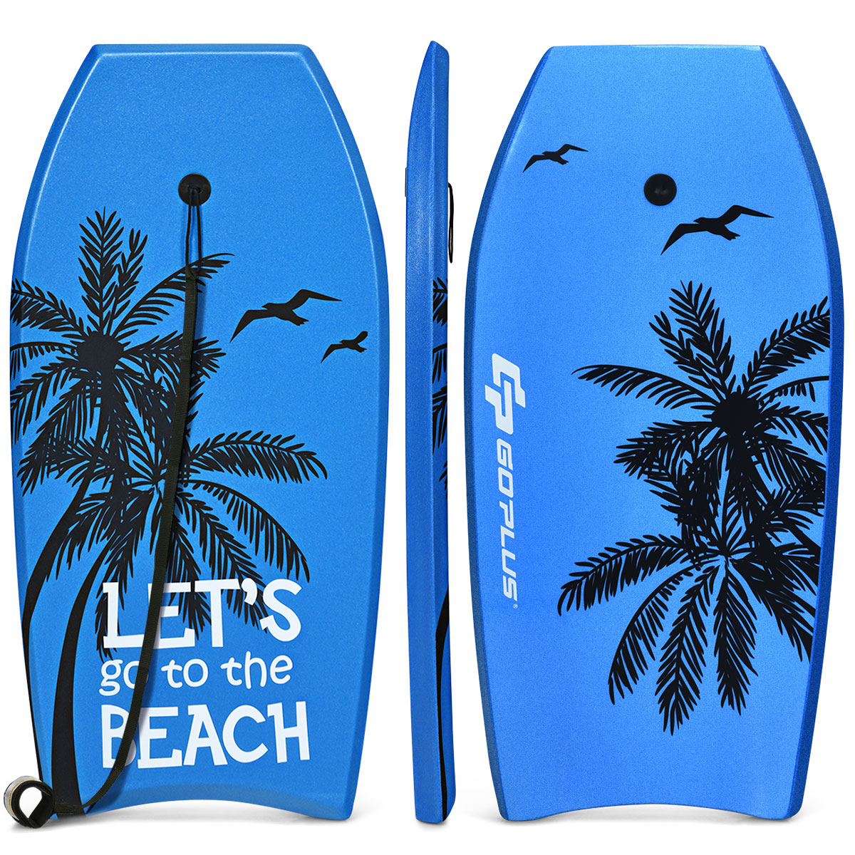 Blaues Bodyboard mit Palmen und Möwen. Der Text lautet: „LET'S go to the BEACH“.