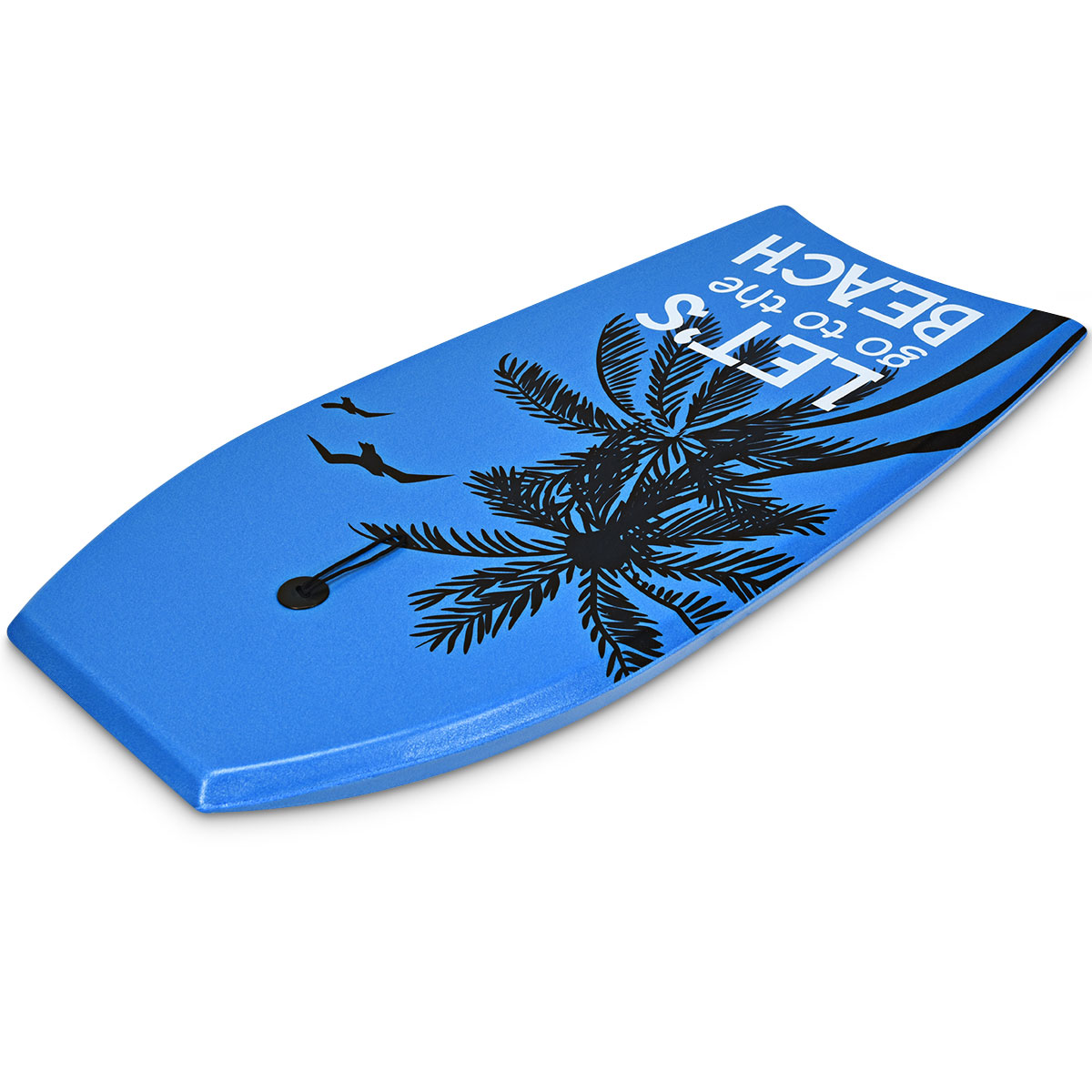 Blaues Boogieboard mit Palmen-Grafik und Text 'LET'S GO TO THE BEACH' in Schwarz.