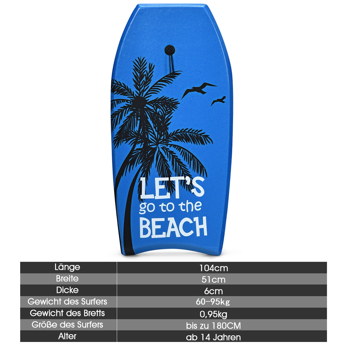 Ein blaues Bodyboard mit dem Text 'LET'S go to the BEACH'. Palmen und Vögel sind abgebildet.