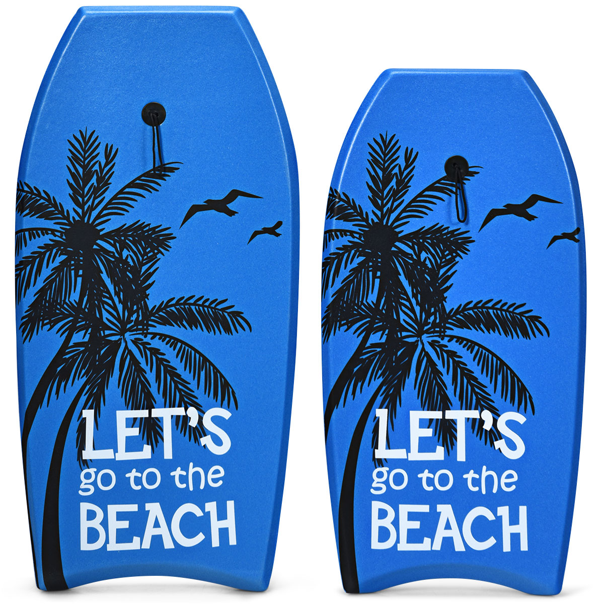 Zwei blaue Bodyboards mit Palmen- und Vogelsilhouetten. Die Boards haben den Text „LET'S go to the BEACH“.
