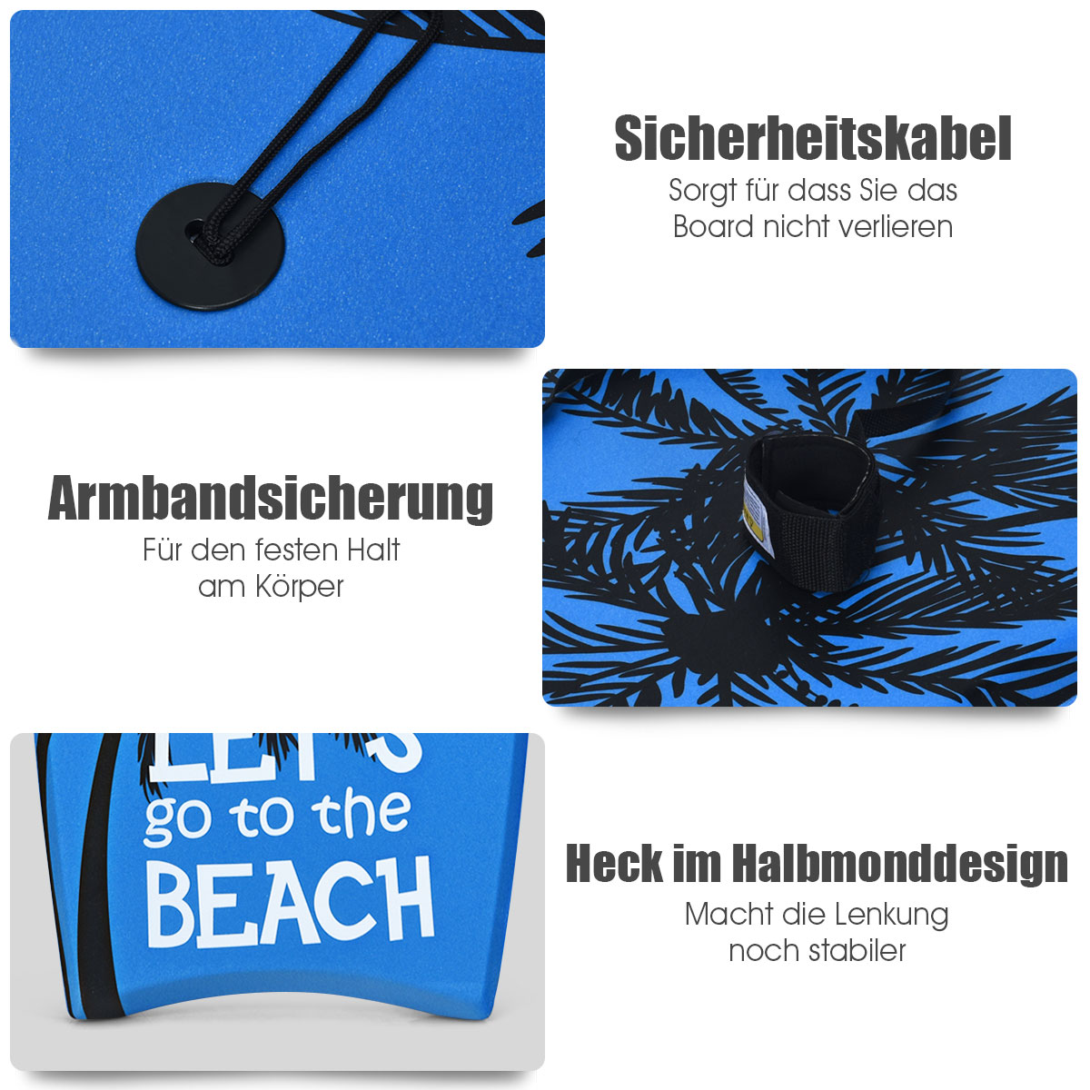Nahaufnahme eines blauen Bodyboards mit Text, Sicherheitskordel und Palmenmotiven.
