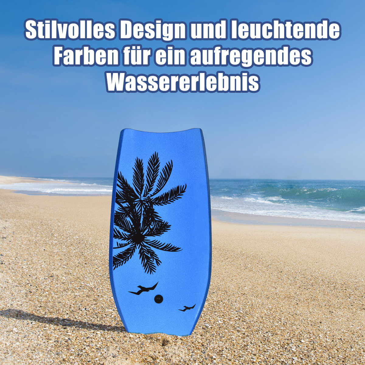 Blaues Bodyboard an einem Sandstrand mit Hintergrund des Ozeans.