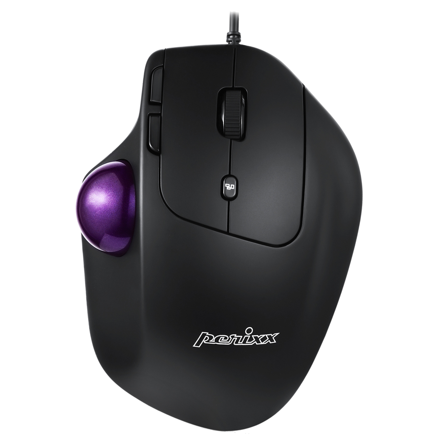 Schwarze ergonomische Trackball-Maus mit lila Kugel und Tasten. Die Marke 'perixx' ist sichtbar.