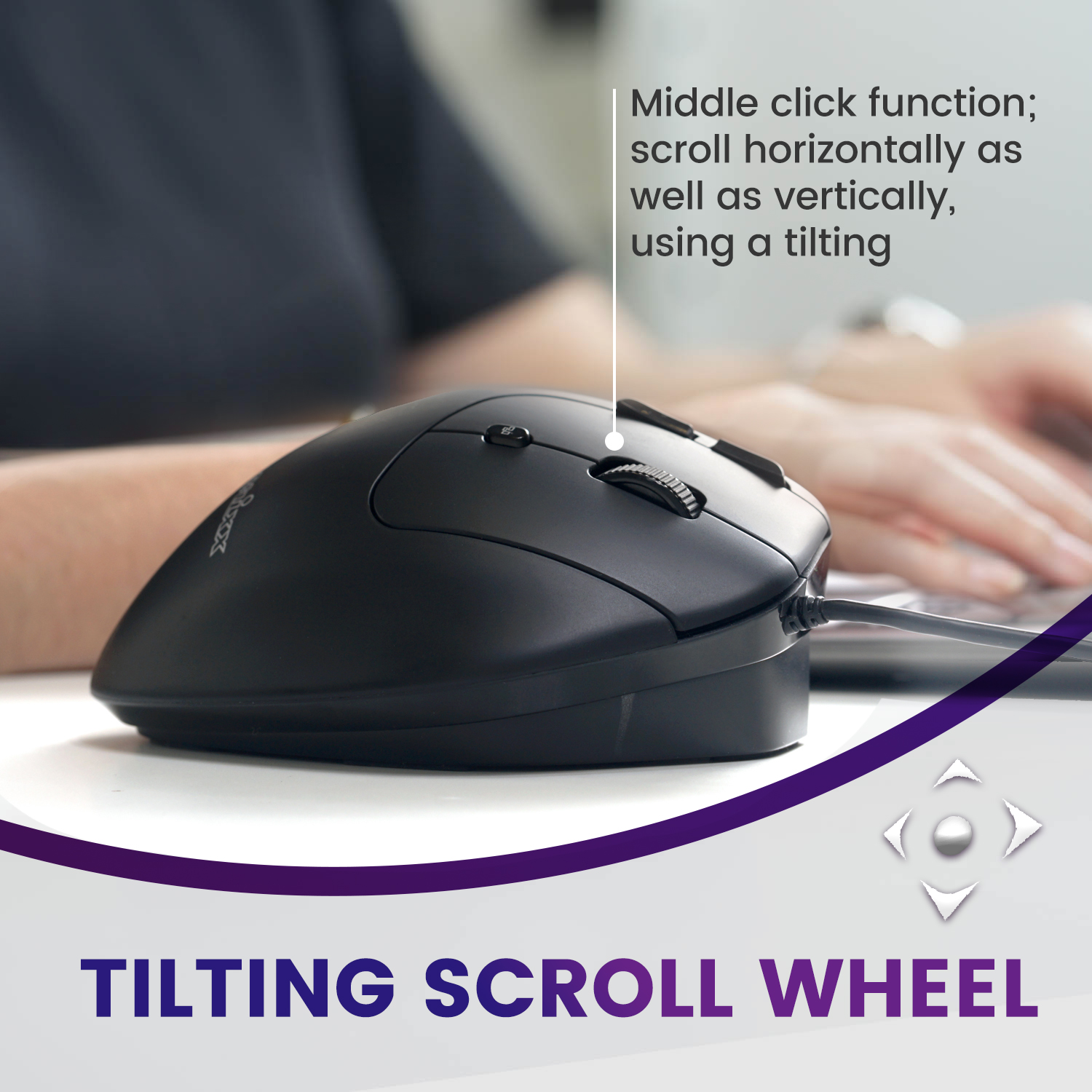 Schwarze ergonomische Maus mit Kipp-Scrollrad, Nahaufnahme, Text kennzeichnet die Eigenschaften der Maus.