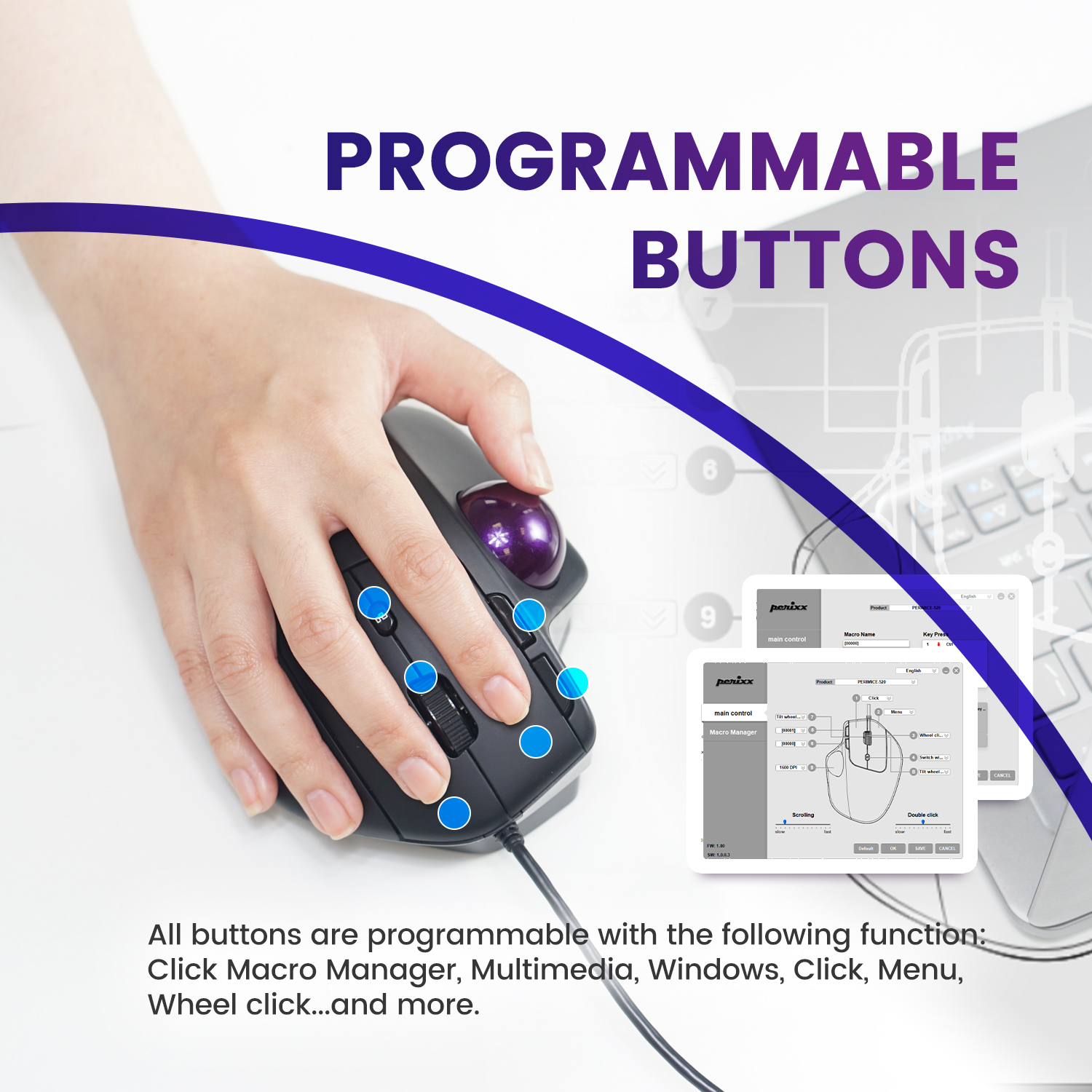 Hand, die eine programmierbare Maus mit vielen Tasten benutzt. Es gibt zwei Bilder der Maussoftware.