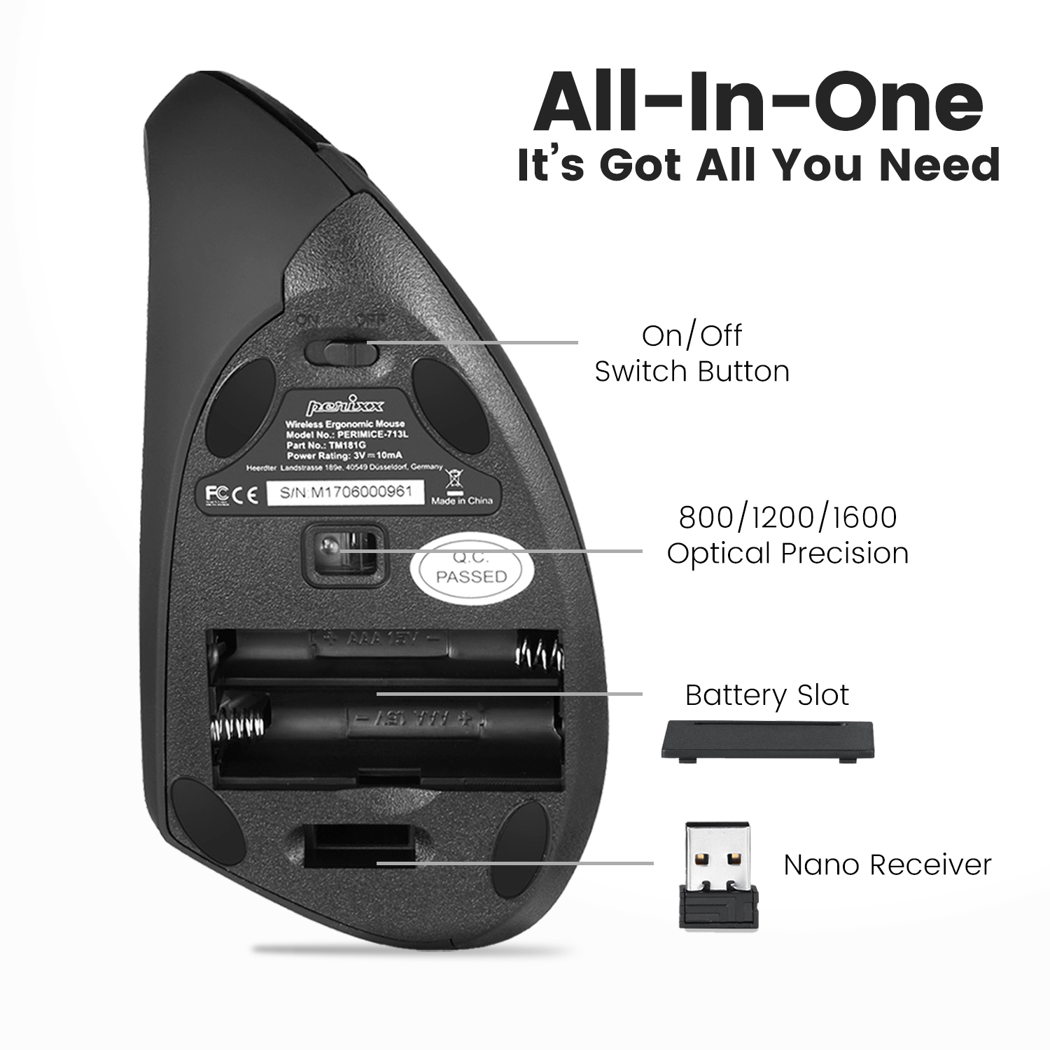 Schwarze ergonomische Maus, Batteriefach, Ein/Aus-Taste, Nano-Empfänger und optische Präzisionsdetails.