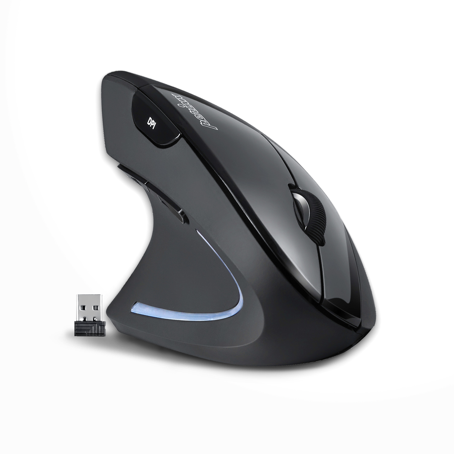 Ergonomische schwarze Maus mit DPI-Taste und Scrollrad. Ein USB-Empfänger befindet sich links.