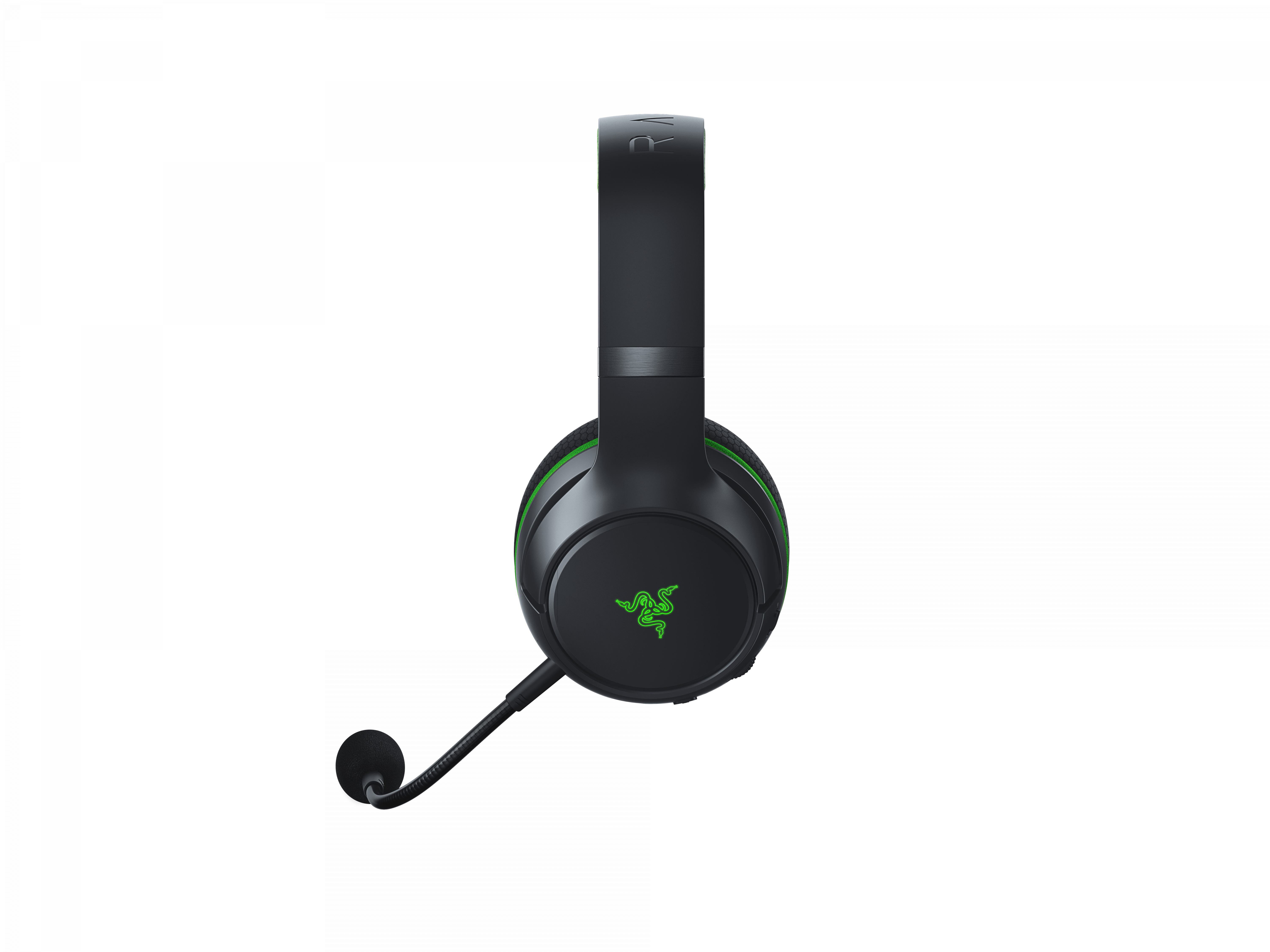 Schwarzes Gaming-Headset mit grünen Akzenten. Es hat ein Mikrofon und das Razer-Logo auf der Ohrmuschel.