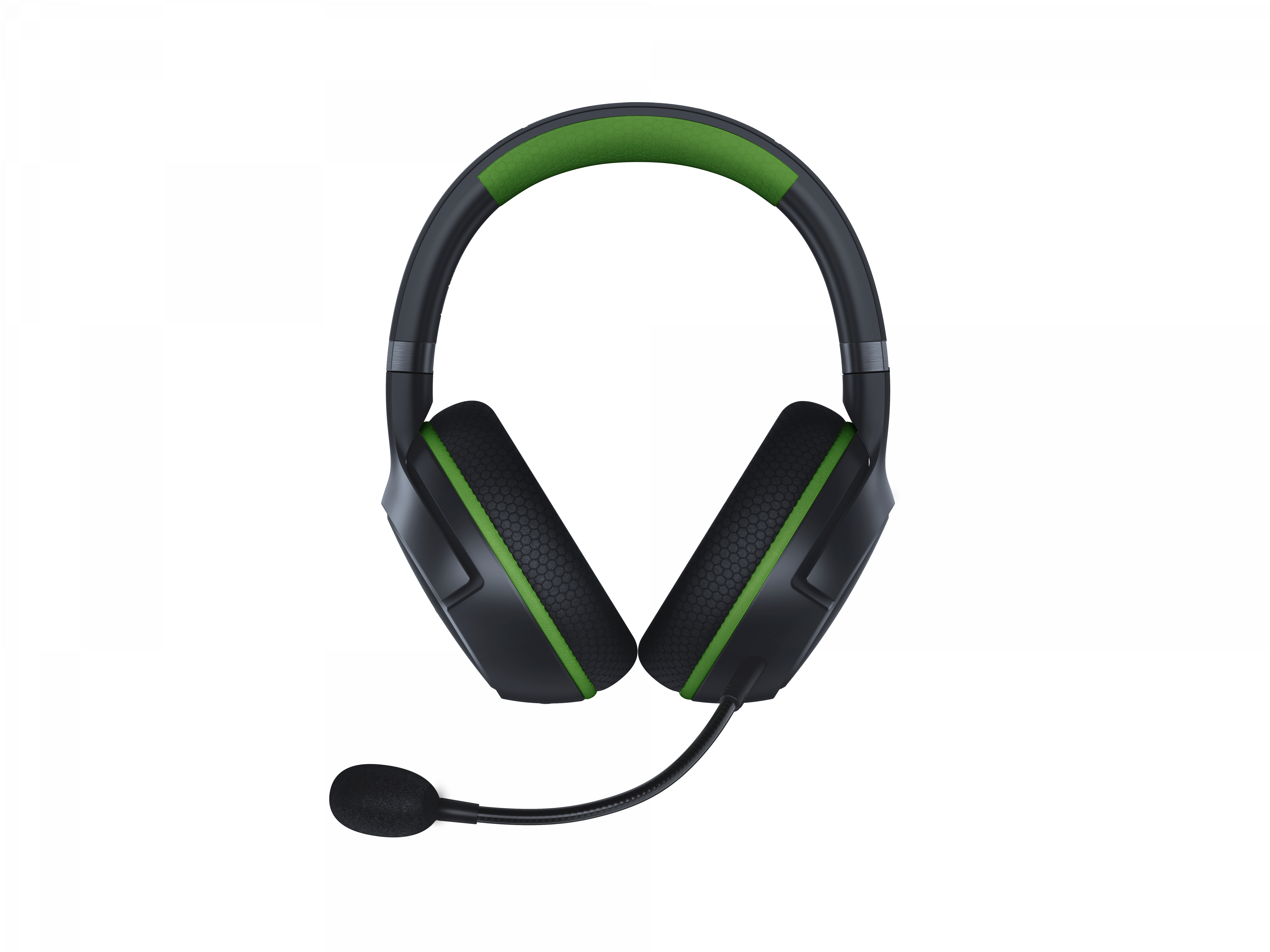 Schwarzes und grünes Gaming-Headset mit Mikrofon, weißer Hintergrund.
