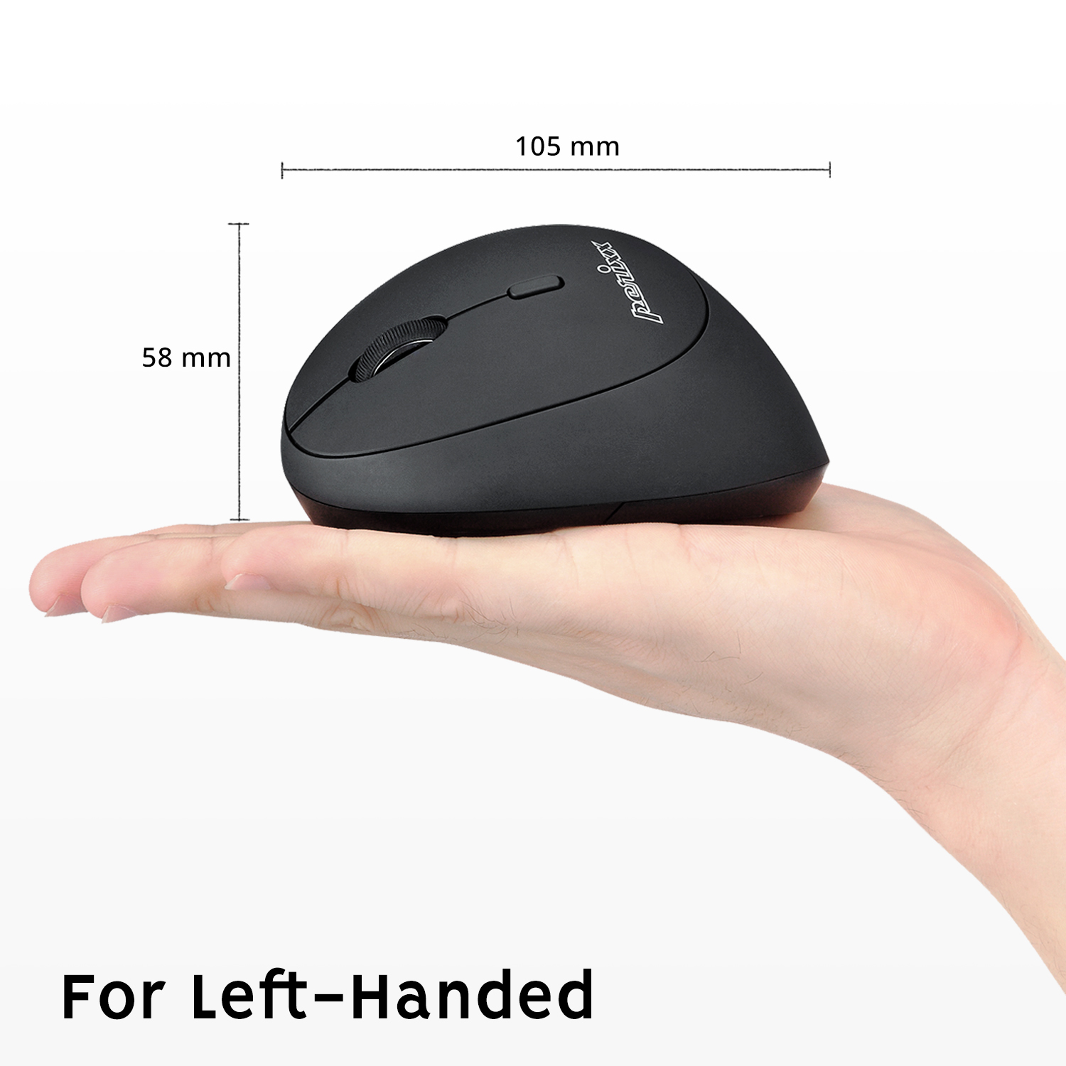 Eine schwarze ergonomische Maus wird in der Hand gehalten. Abmessungen: 105 mm lang, 58 mm hoch. Text: 'Für Linkshänder'.