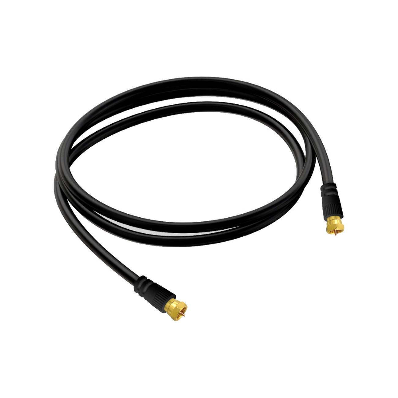 Schwarzes Kabel mit goldfarbenen Steckern an beiden Enden. Das Kabel ist gewellt.