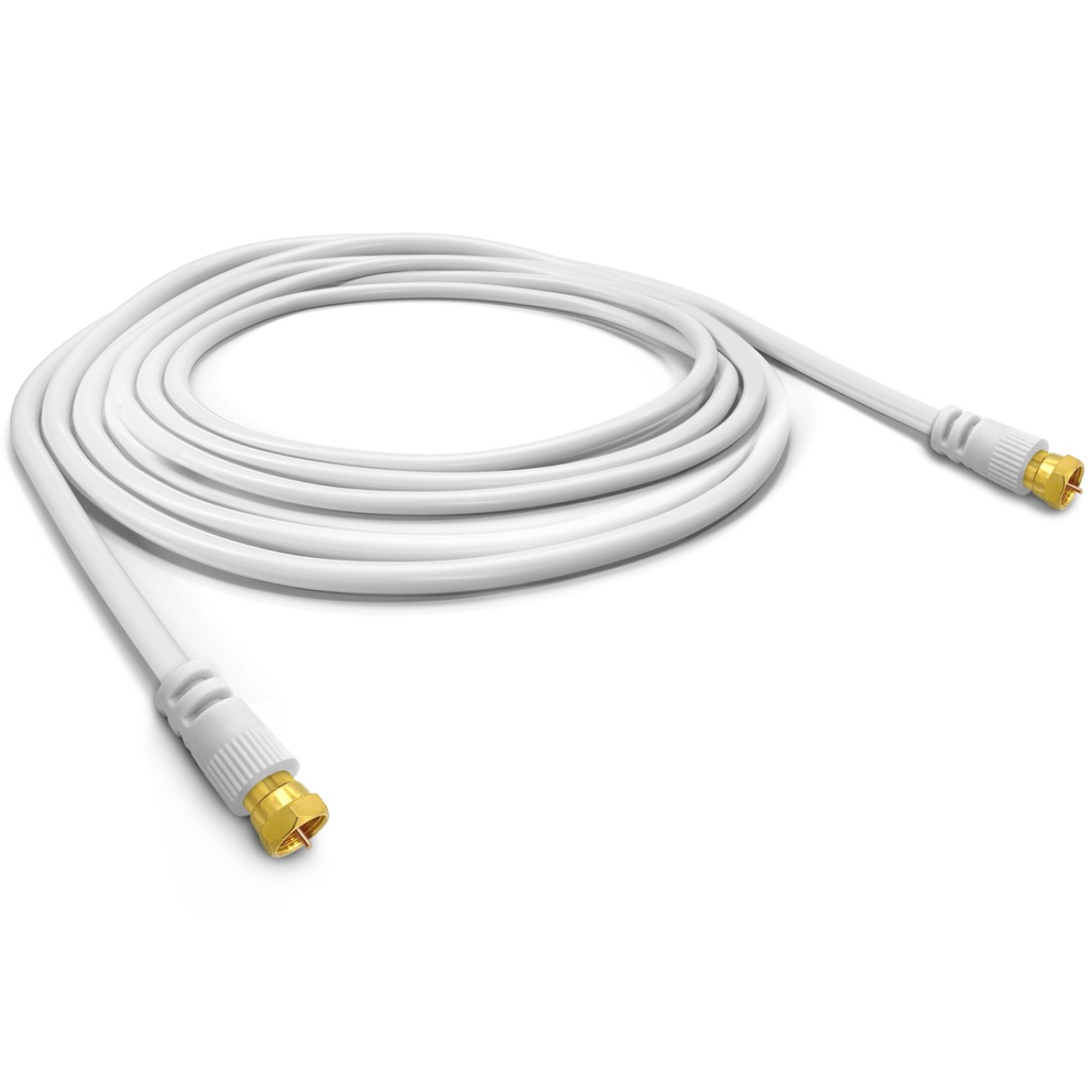 Weißes Koaxialkabel mit goldenen Anschlüssen.