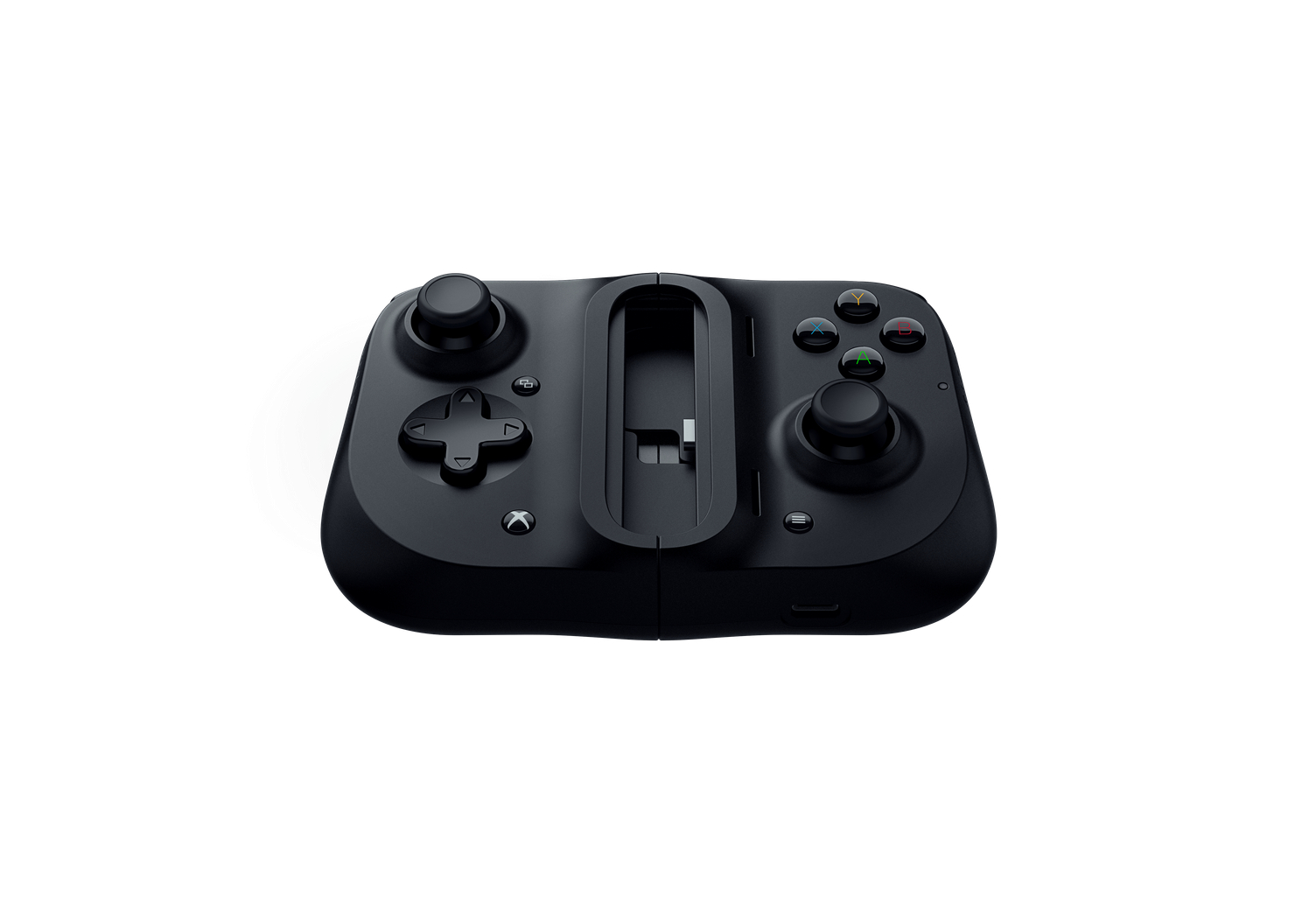 Black gamepad controller with buttons and joysticks, on a white background. It is a game controller.