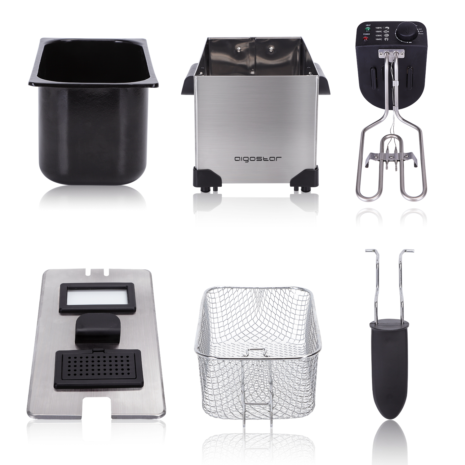 Kilka elementów frytownicy: pojemnik, element grzewczy i kosz.