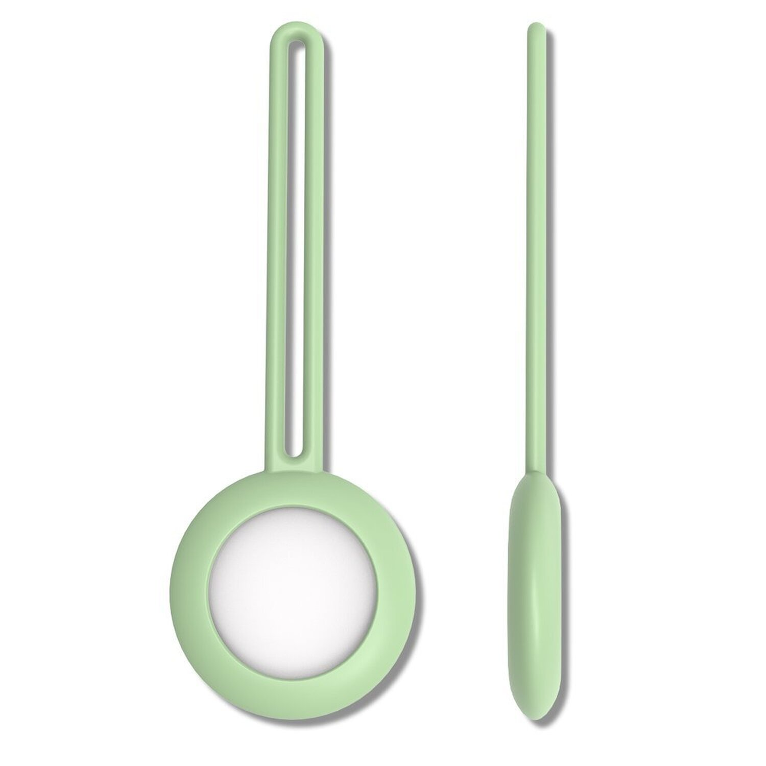 Zwei hellgrüne Silikon-Tag-Halter, einer mit Ring, der andere ein langer Stab.