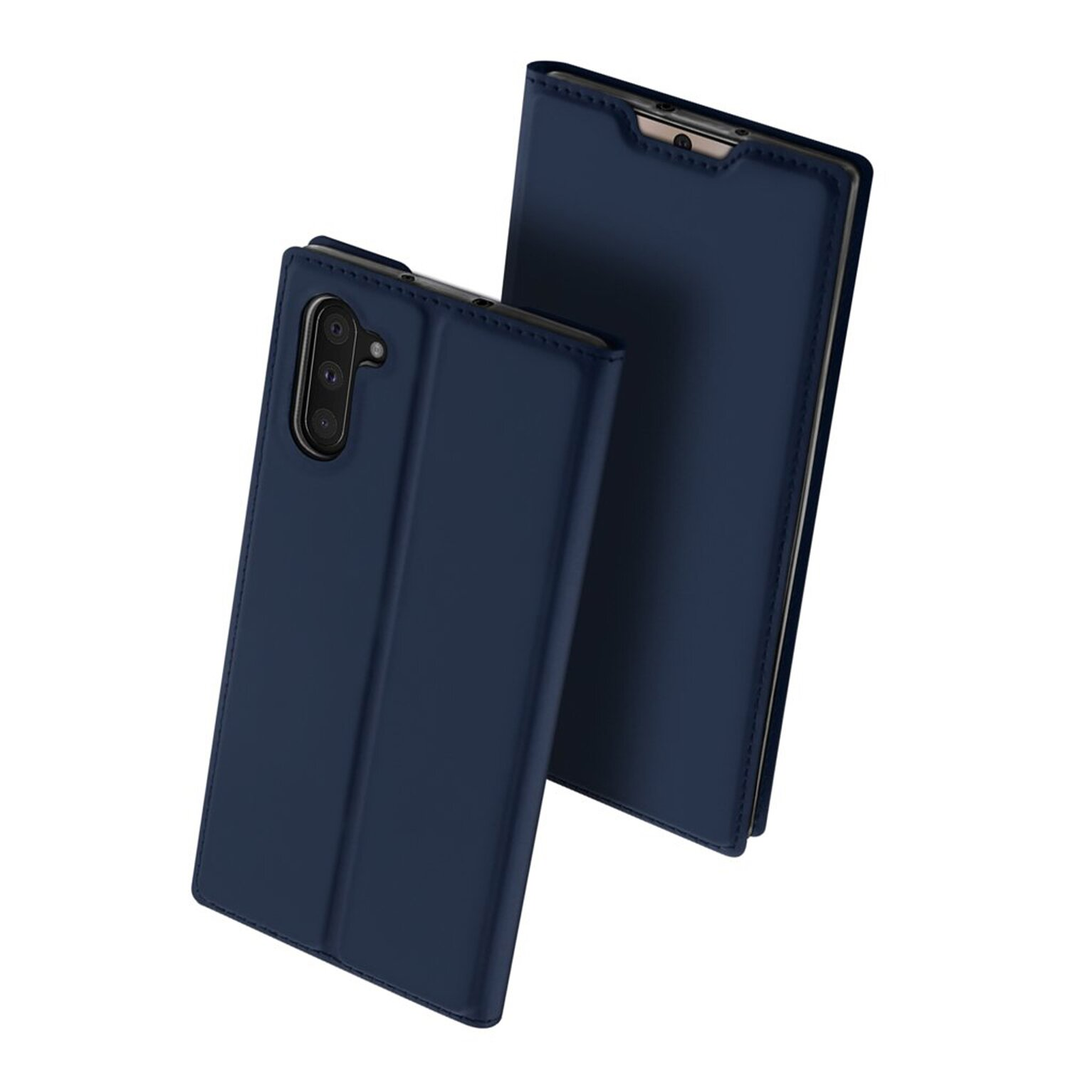 Blaue Handyhülle, geöffnet, um das Telefon zu zeigen. Es ist eine Hülle im Folio-Stil mit Samsung-Logo.