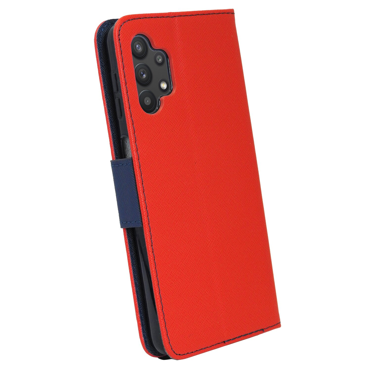 Rote Handyhülle mit blauem Riemen und Telefon mit drei Kameras.