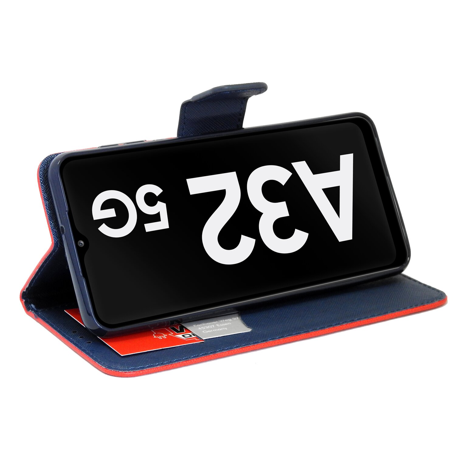 Ein Smartphone in einer blau-roten Brieftaschentasche, das ein großes 'A32 5G' auf dem Bildschirm anzeigt.