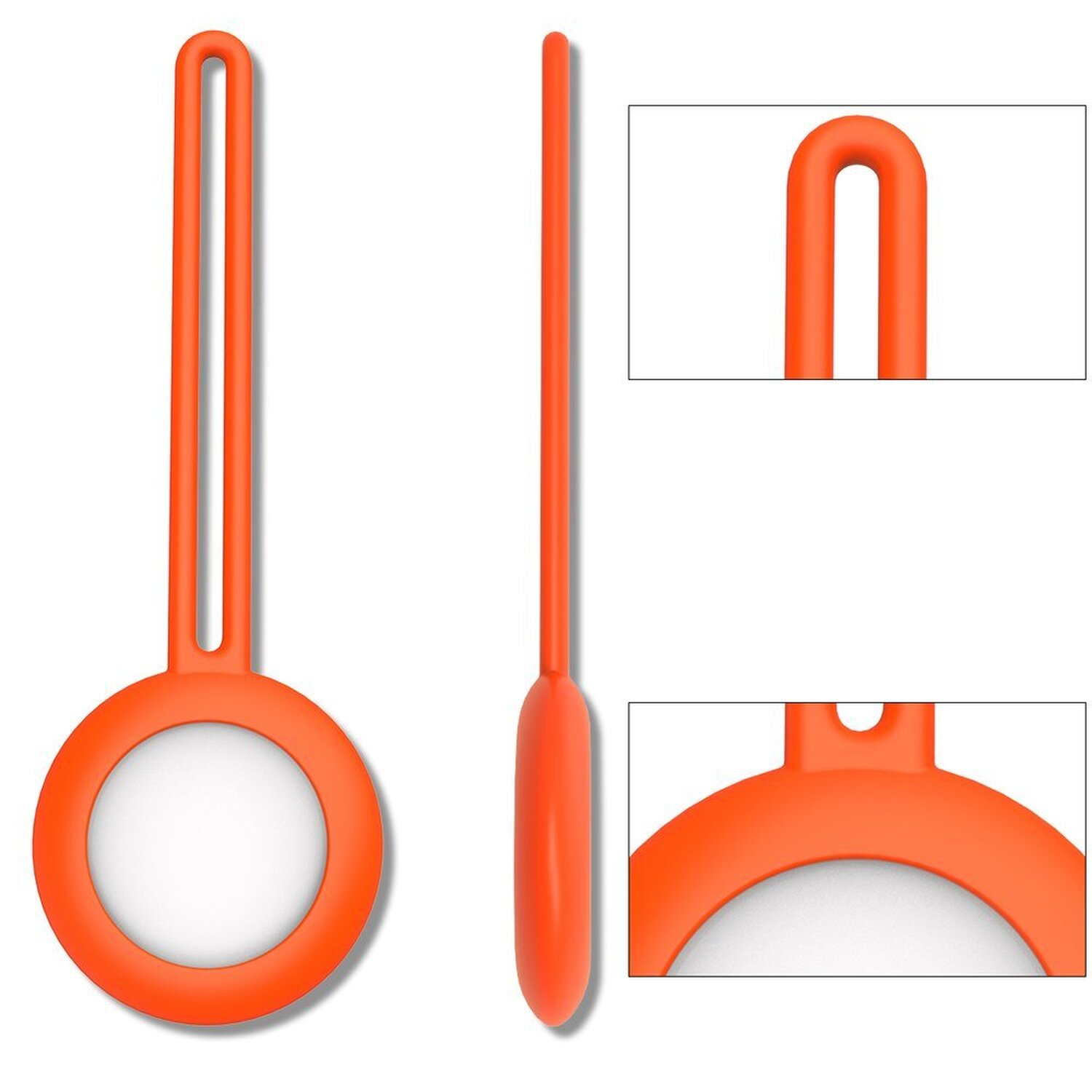 Oranger Schlüsselfinder, drei Ansichten, mit weißer Mitte. Weißer Hintergrund.