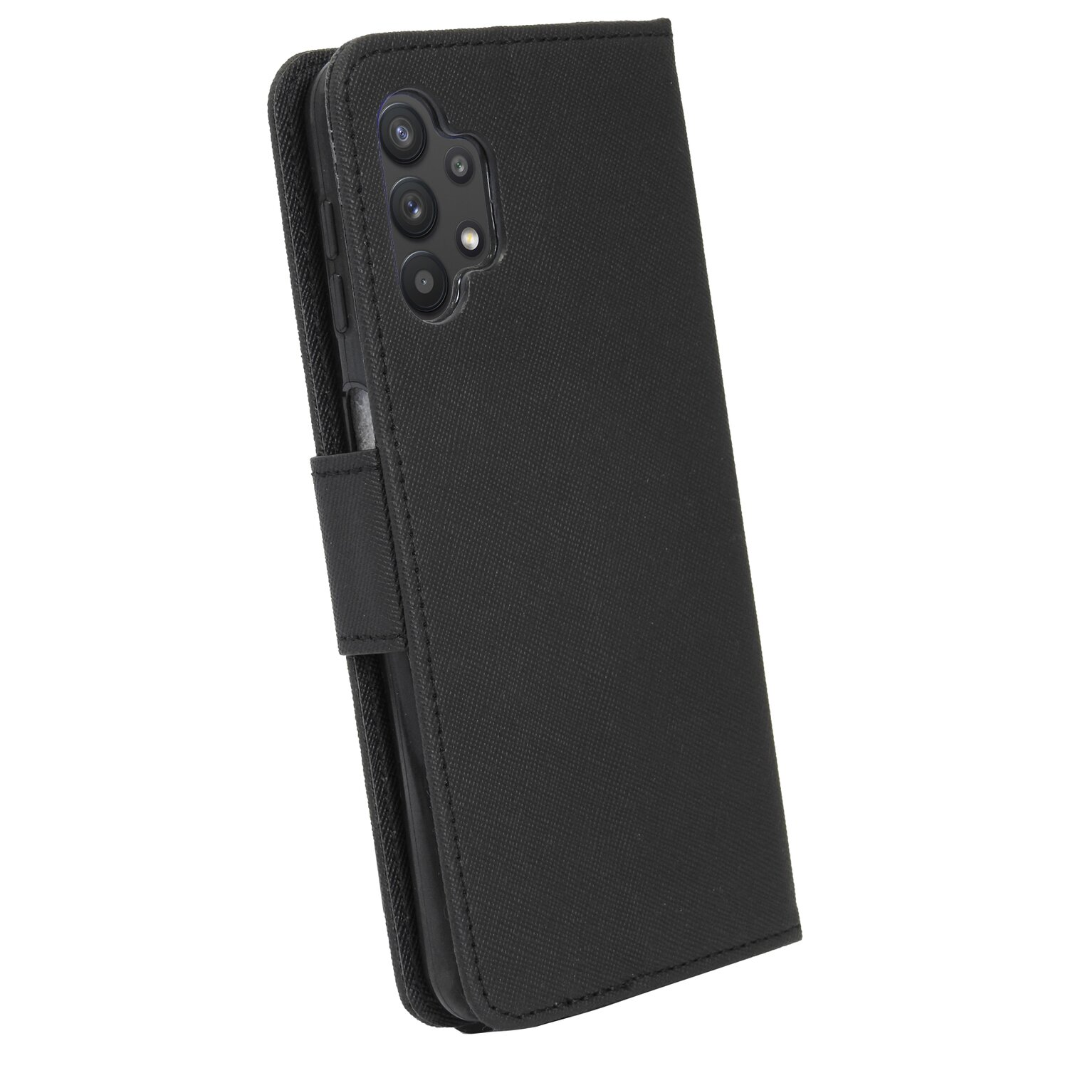 Schwarze Handyhülle mit Klappdeckel. Telefon ist nicht sichtbar. Die Hülle befindet sich auf weißem Hintergrund.