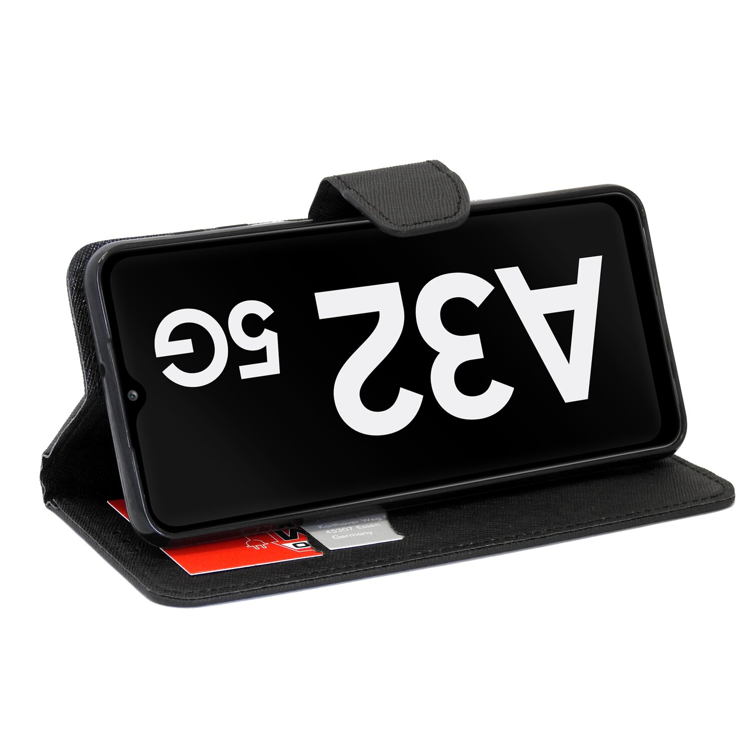 Schwarzes Samsung-Handy in einer Hülle. Der Bildschirm zeigt die Worte A32 5G. Kreditkarte sichtbar.