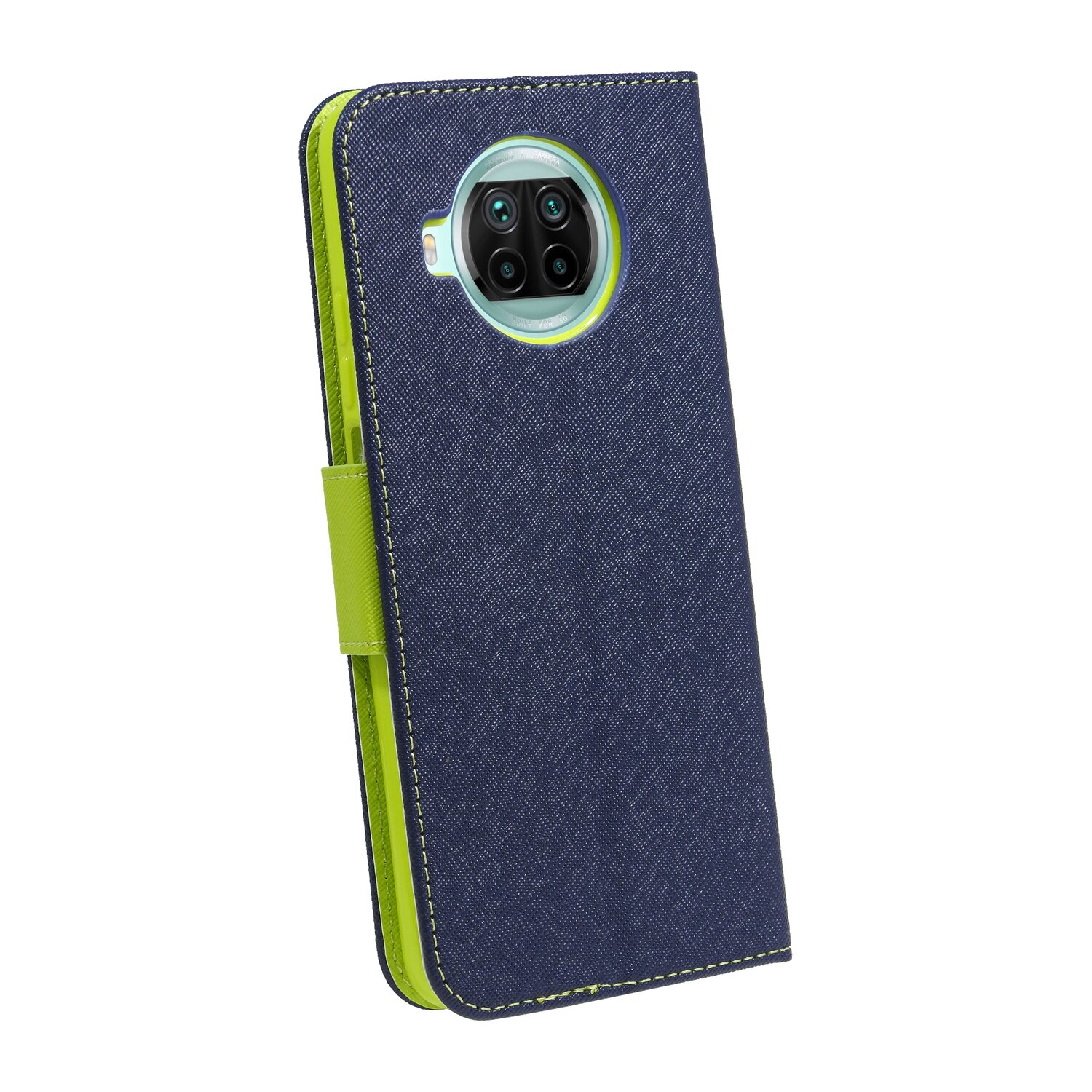 Blaue Leder-Handyhülle mit grüner Einfassung, hält ein Telefon mit mehreren Kameras.