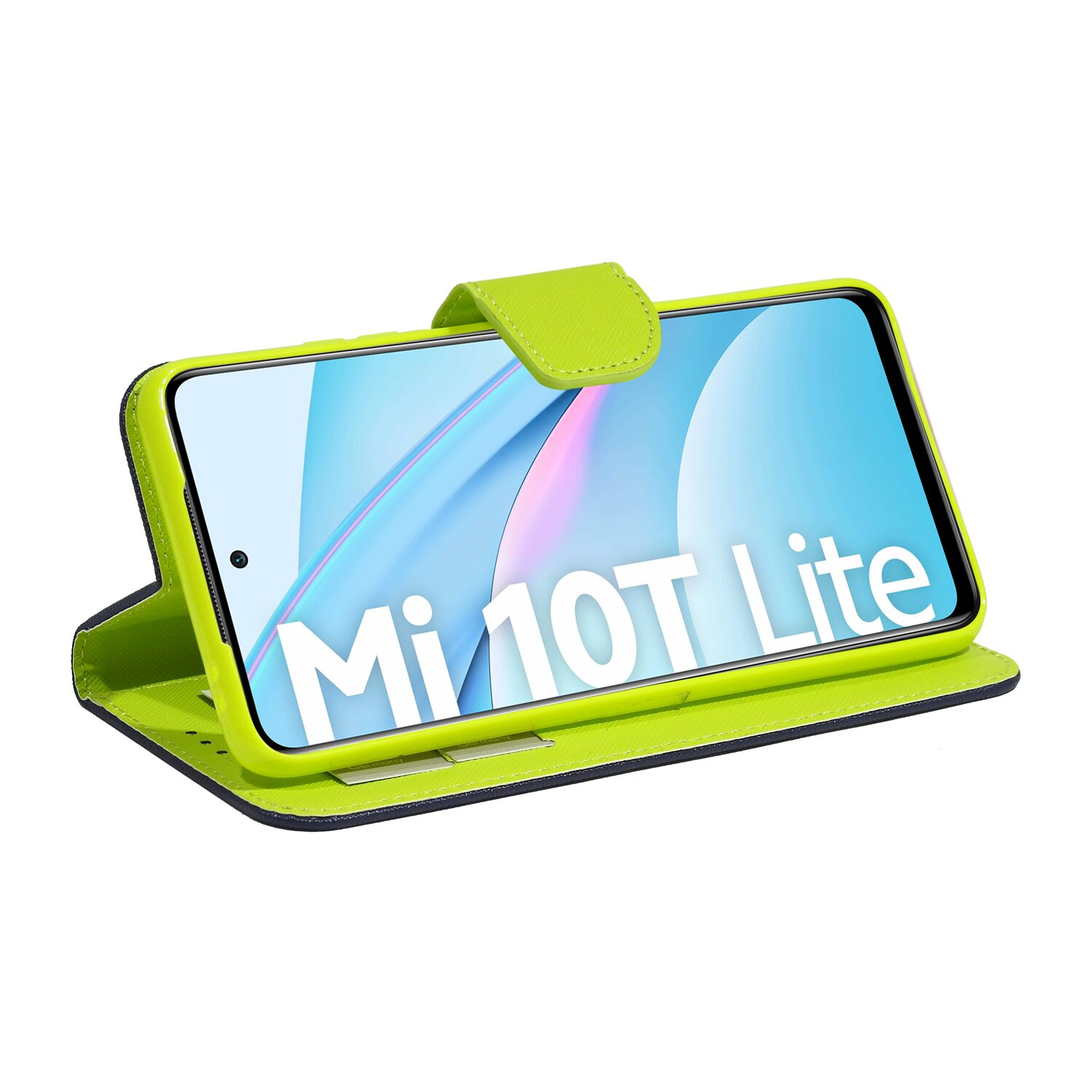 Grüne Handyhülle mit Telefon, das "Mi 10T Lite" anzeigt, auf weißem Hintergrund.