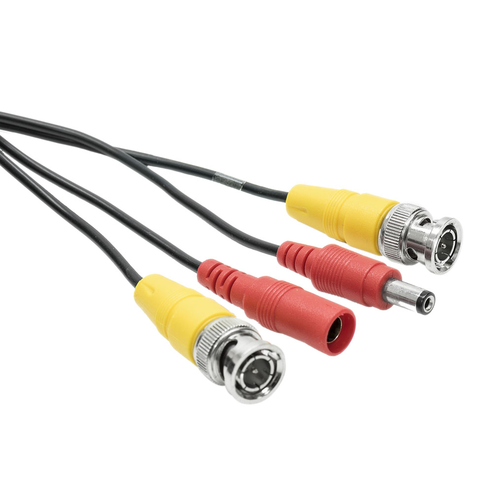 Drei Kabel mit unterschiedlich farbigen Steckern: gelb, rot und schwarz.