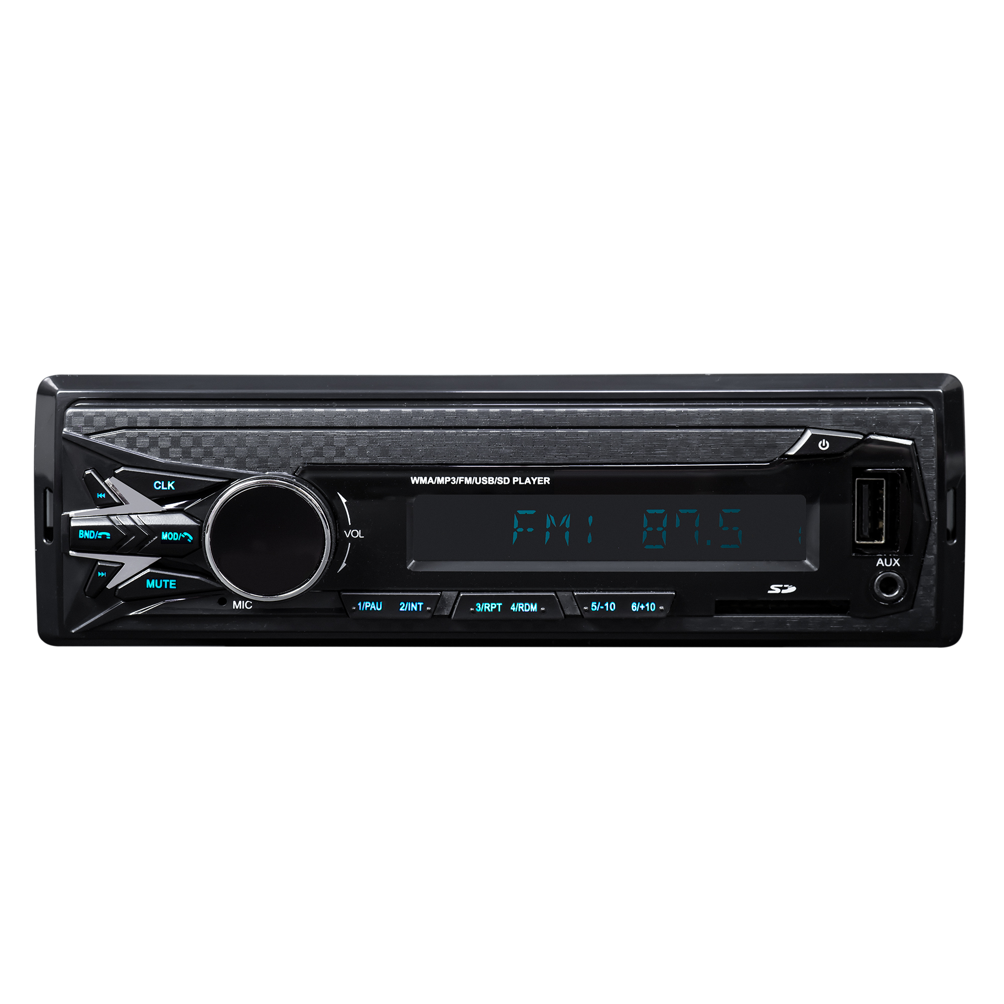 Schwarzes Autoradio mit Knöpfen und Display. Auf weißem Hintergrund. Mit SD- und USB-Anschlüssen.