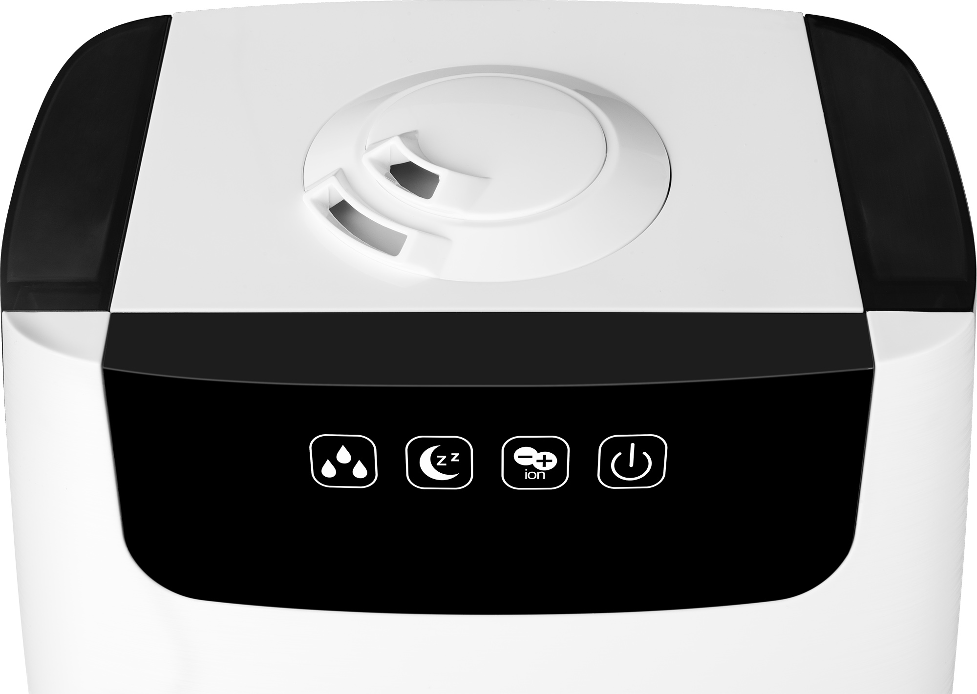 Biały nawilżacz z przyciskami sterowania: kropla wody, księżyc, jon i zasilanie.