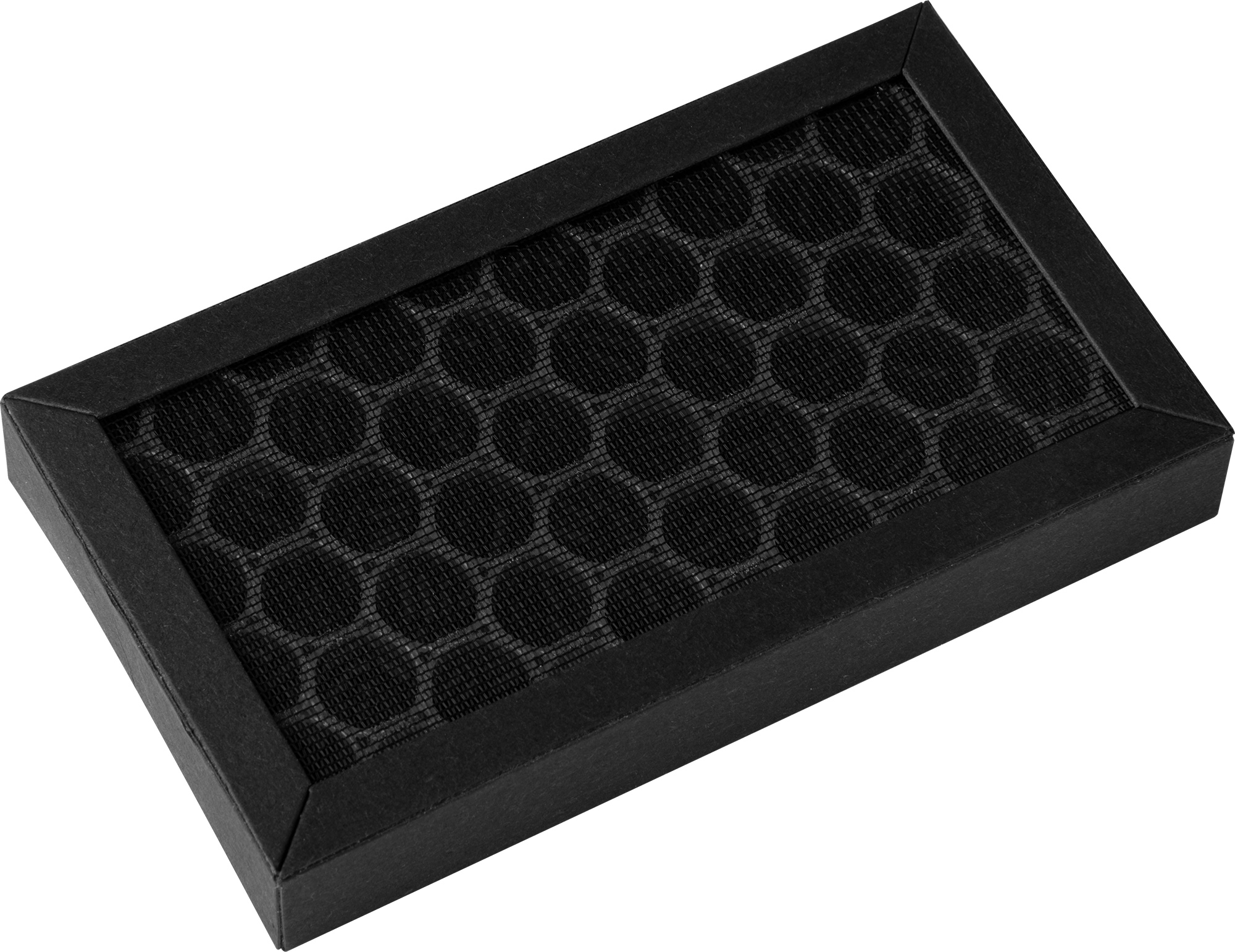 Czarny prostokątny filtr powietrza o wzorze plastra miodu.