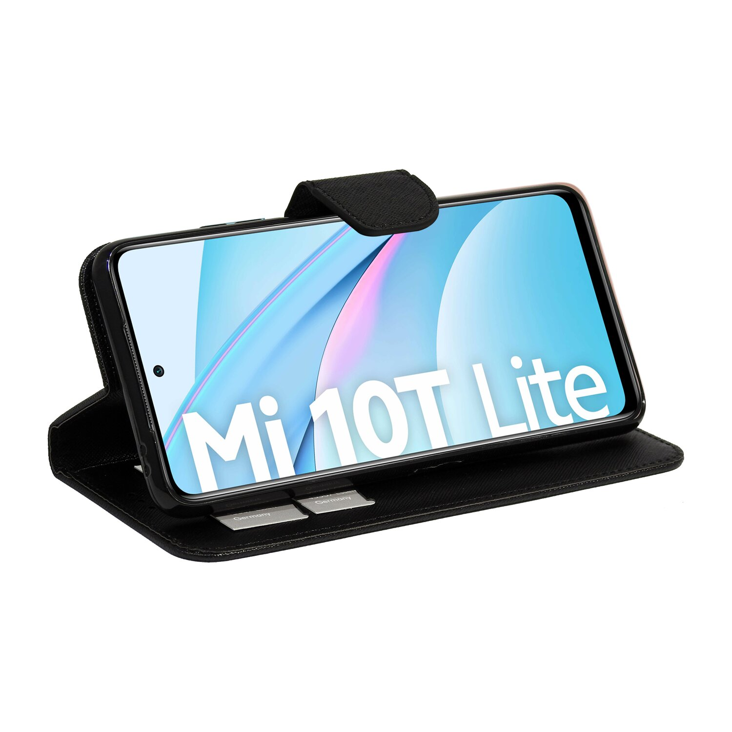 Schwarze Handyhülle mit Telefon, das 'Mi 10T Lite' anzeigt. Hülle ist offen und auf weißer Oberfläche.
