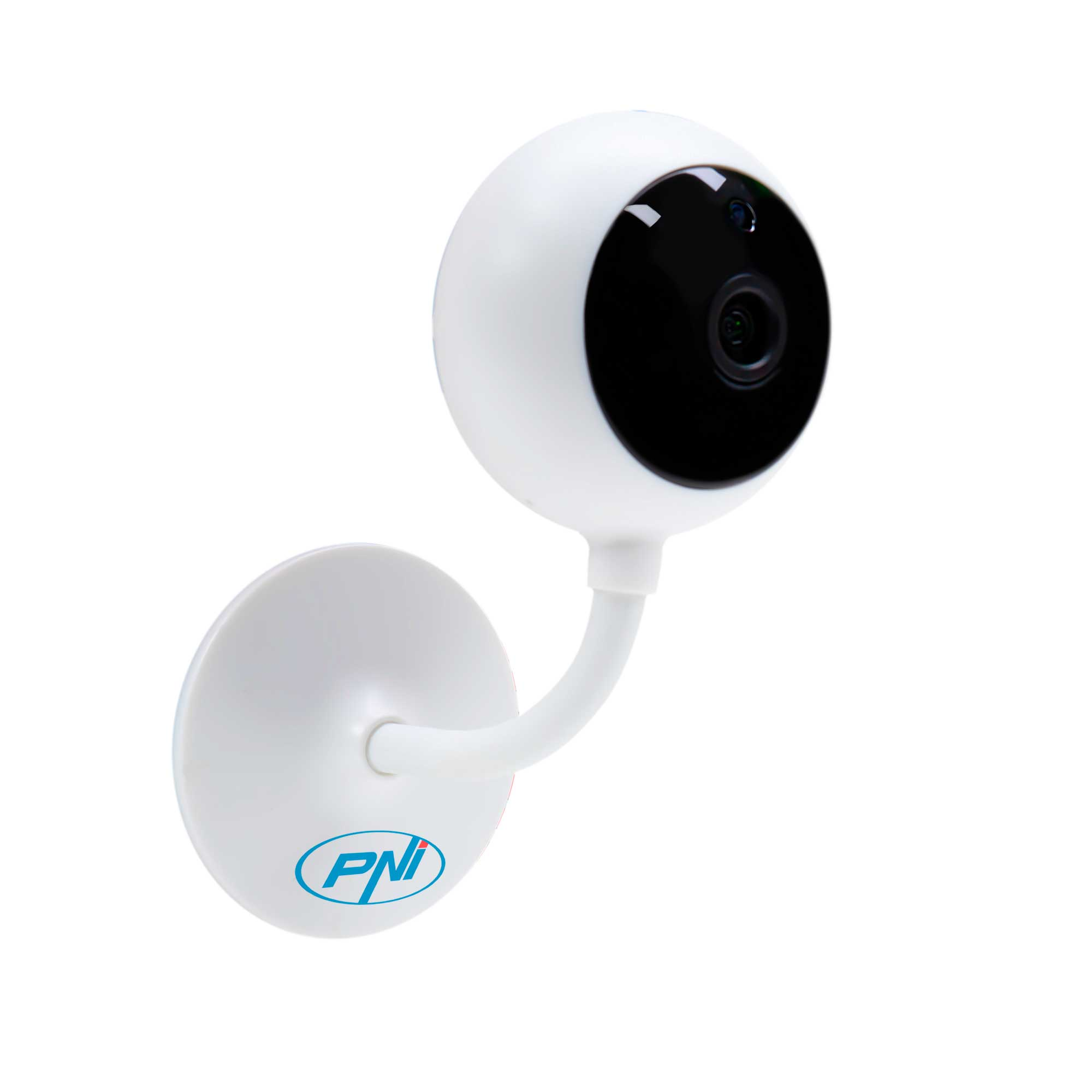 Ein weißer, kugelförmiger Babyphone mit schwarzem Objektiv, an einer Wand montiert, auf weißem Hintergrund.