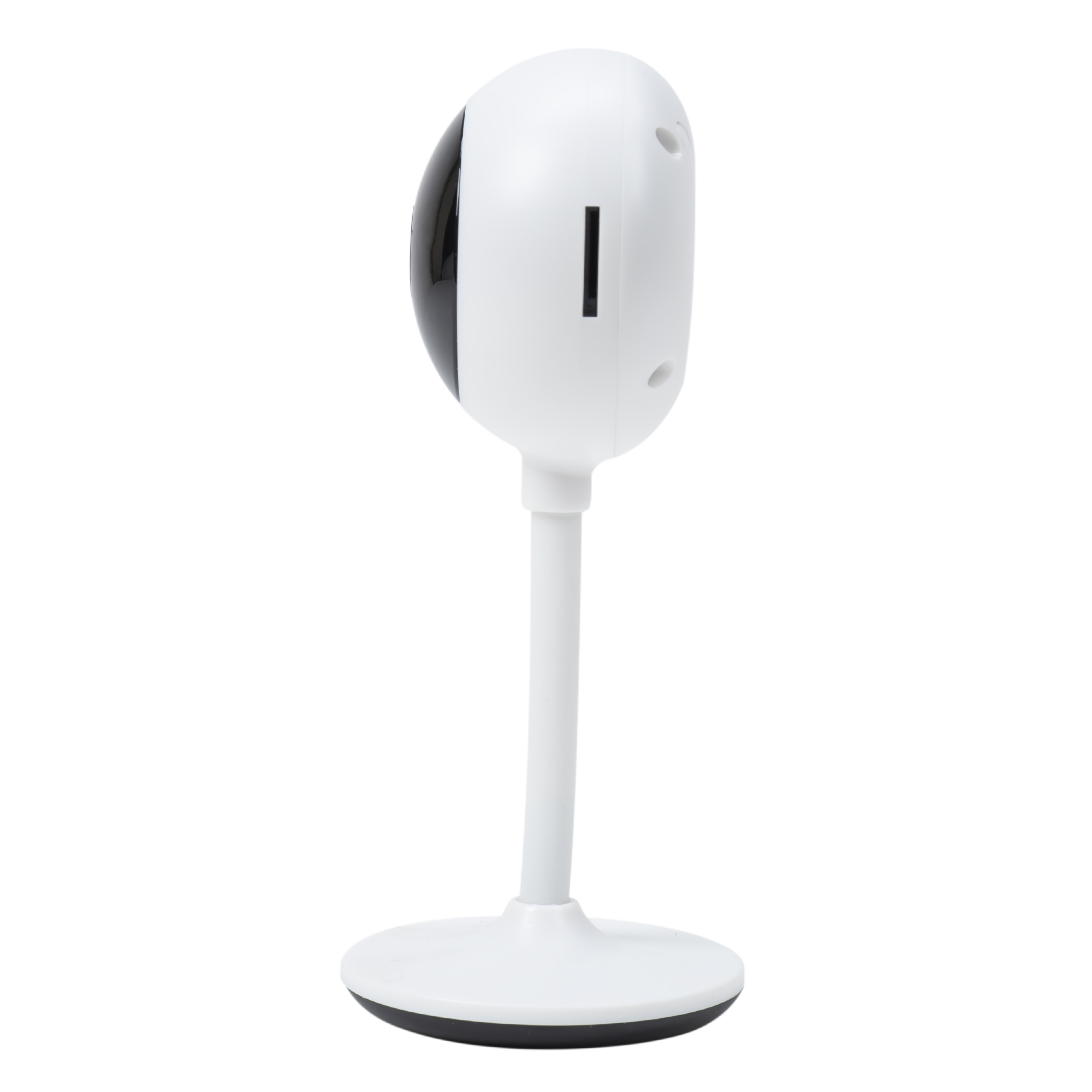 Ein weißer Babyphone mit schwarzer Linse, stehend auf einem weißen Ständer. Die Basis ist rund.