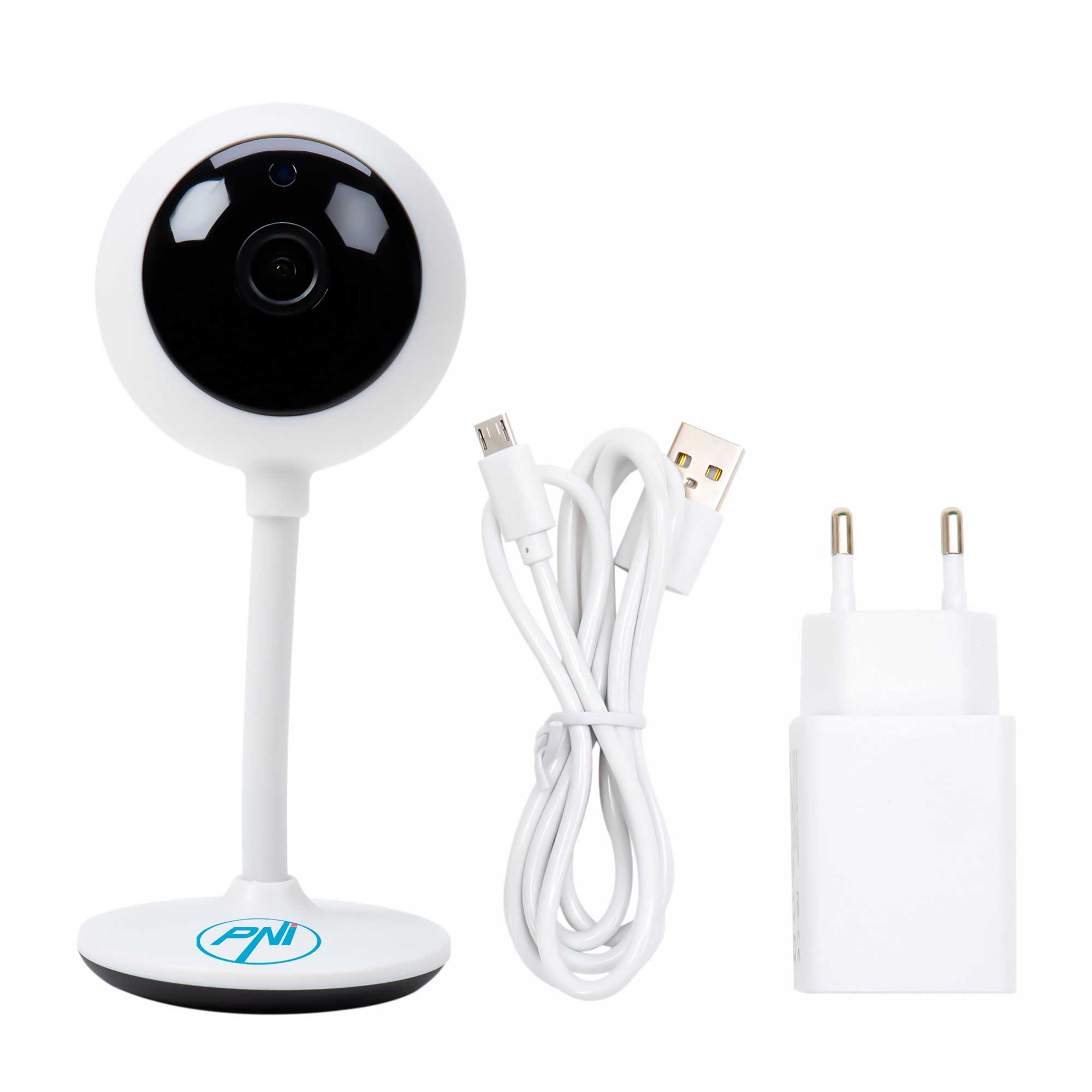 Weißer Babyphone mit Kamera und Sockel. Weißes Netzteil und USB-Kabel ebenfalls vorhanden.