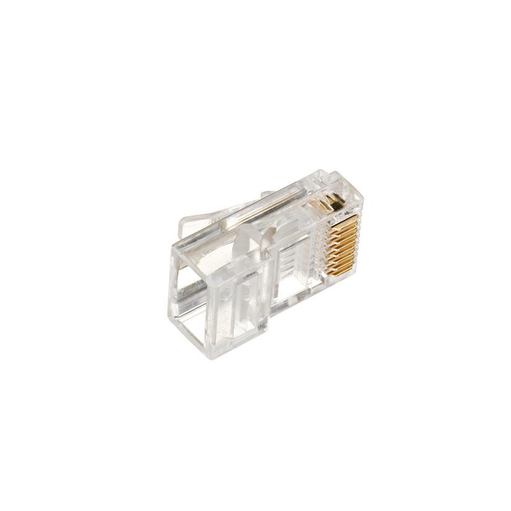 Klarer RJ45-Stecker mit Goldstiften, abgewinkelt, auf weißem Hintergrund.