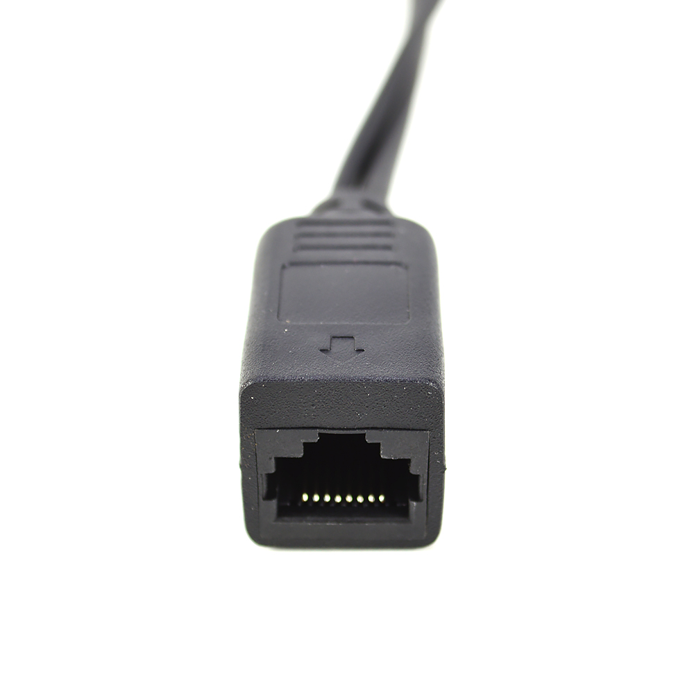 Nahaufnahme eines schwarzen Ethernet-Anschlusses. Der Anschluss befindet sich am Ende eines schwarzen Kabels.