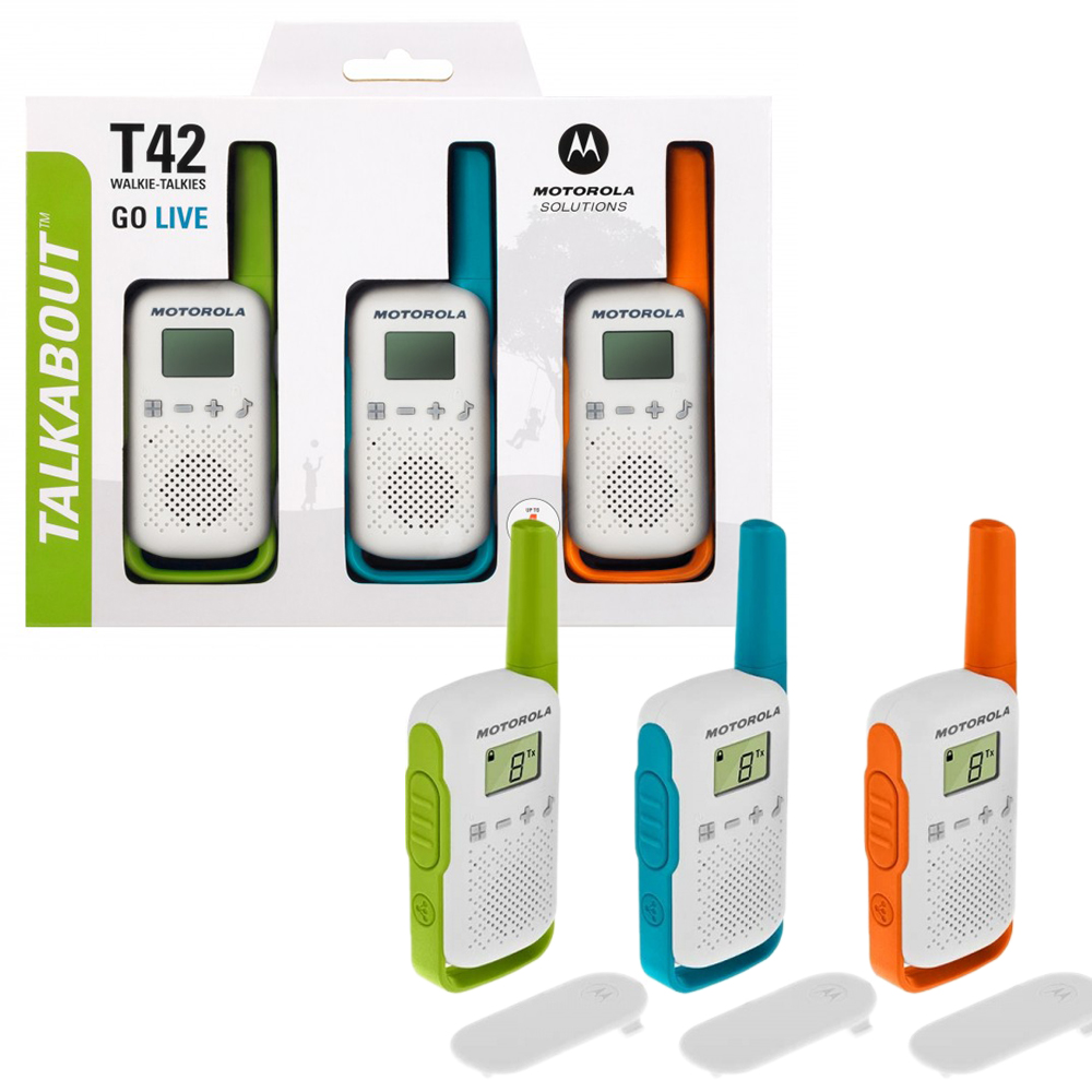 Walkie-Talkies in einer Verpackung, drei sichtbar. Die Geräte sind weiß mit grünen, blauen und orangenen Akzenten.