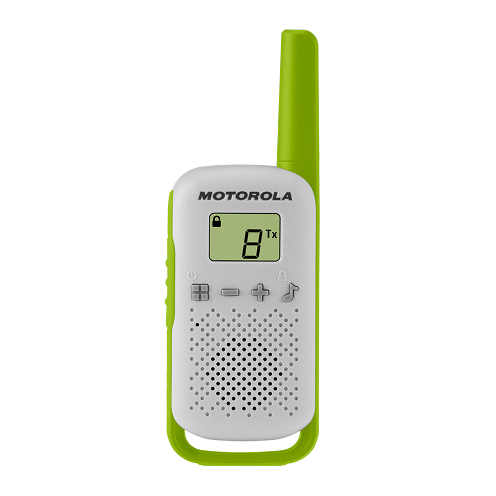 Ein weißes und grünes Walkie-Talkie mit digitaler Anzeige. Es hat eine grüne Antenne und einen Griff.