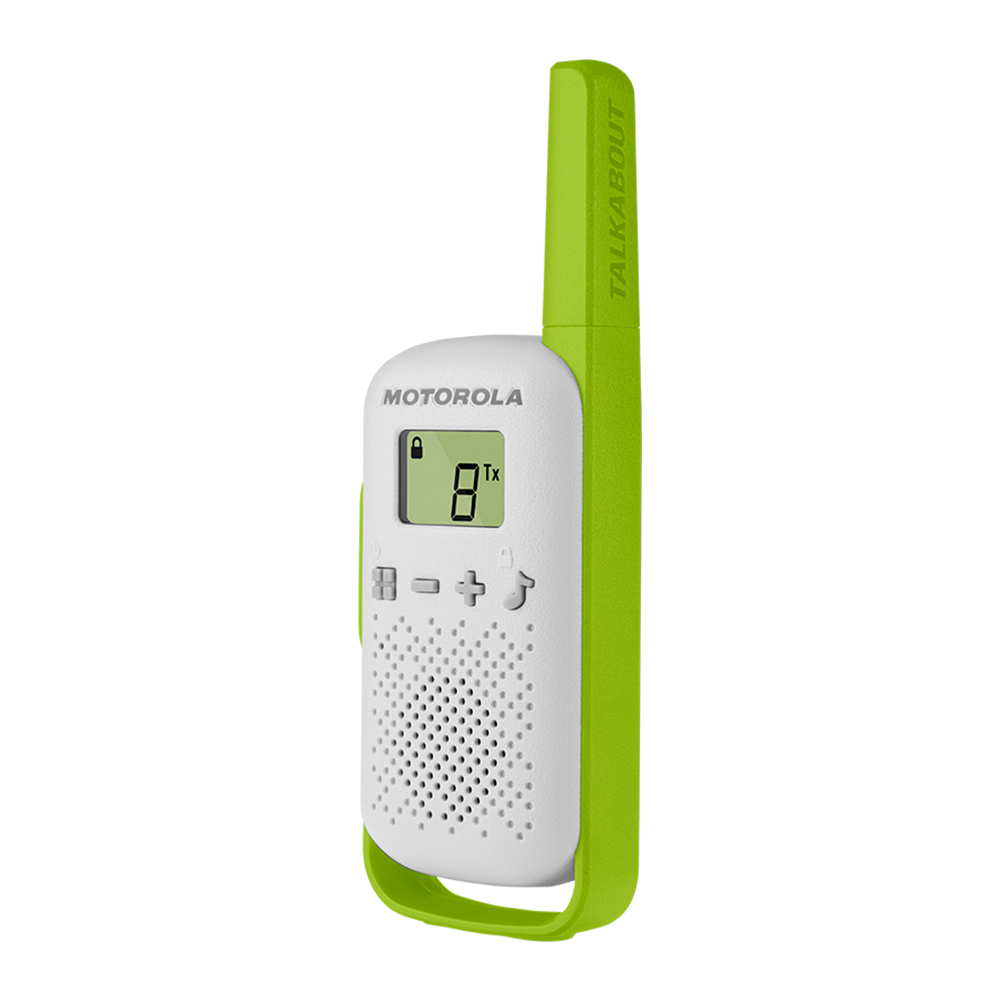 Ein weißes und grünes Walkie-Talkie mit Antenne. Es hat einen Bildschirm und Knöpfe.