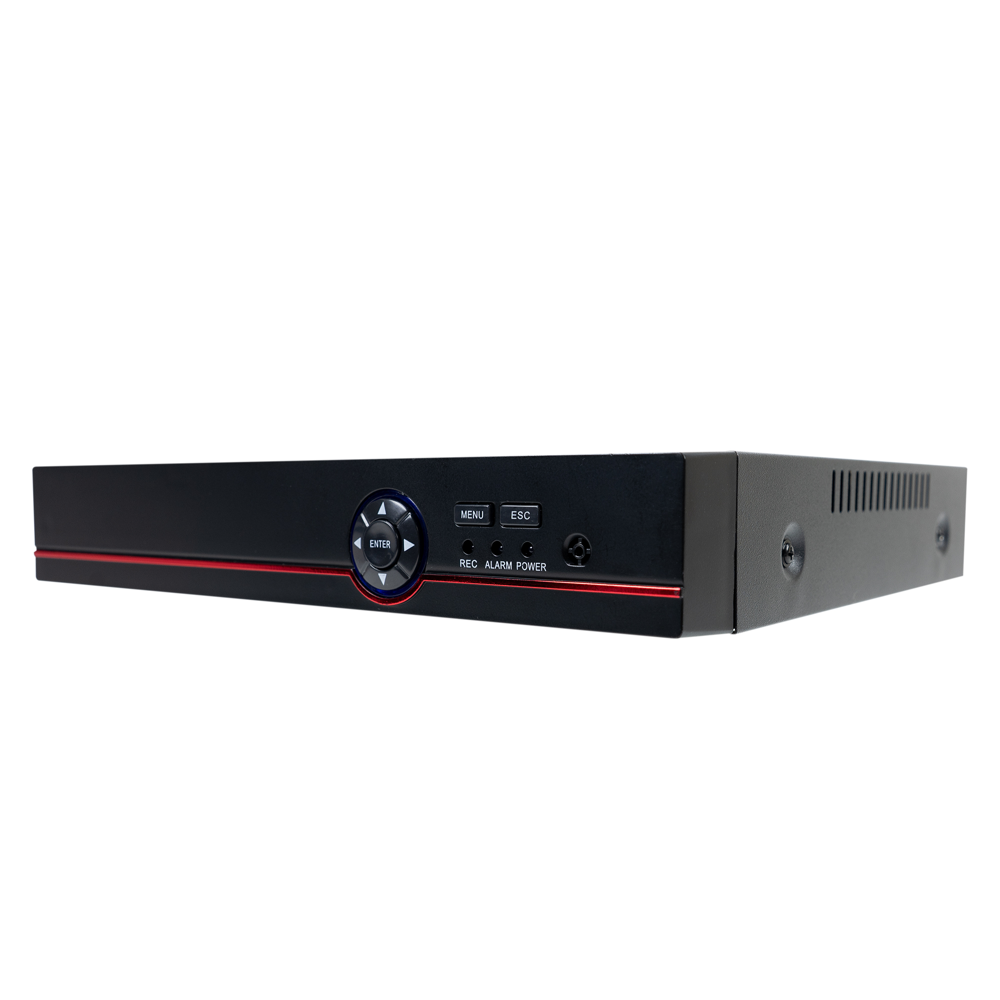 Ein schwarzes DVR-Gerät mit roten Akzenten. Es hat eine Enter-Taste und Menü- und Esc-Tasten.