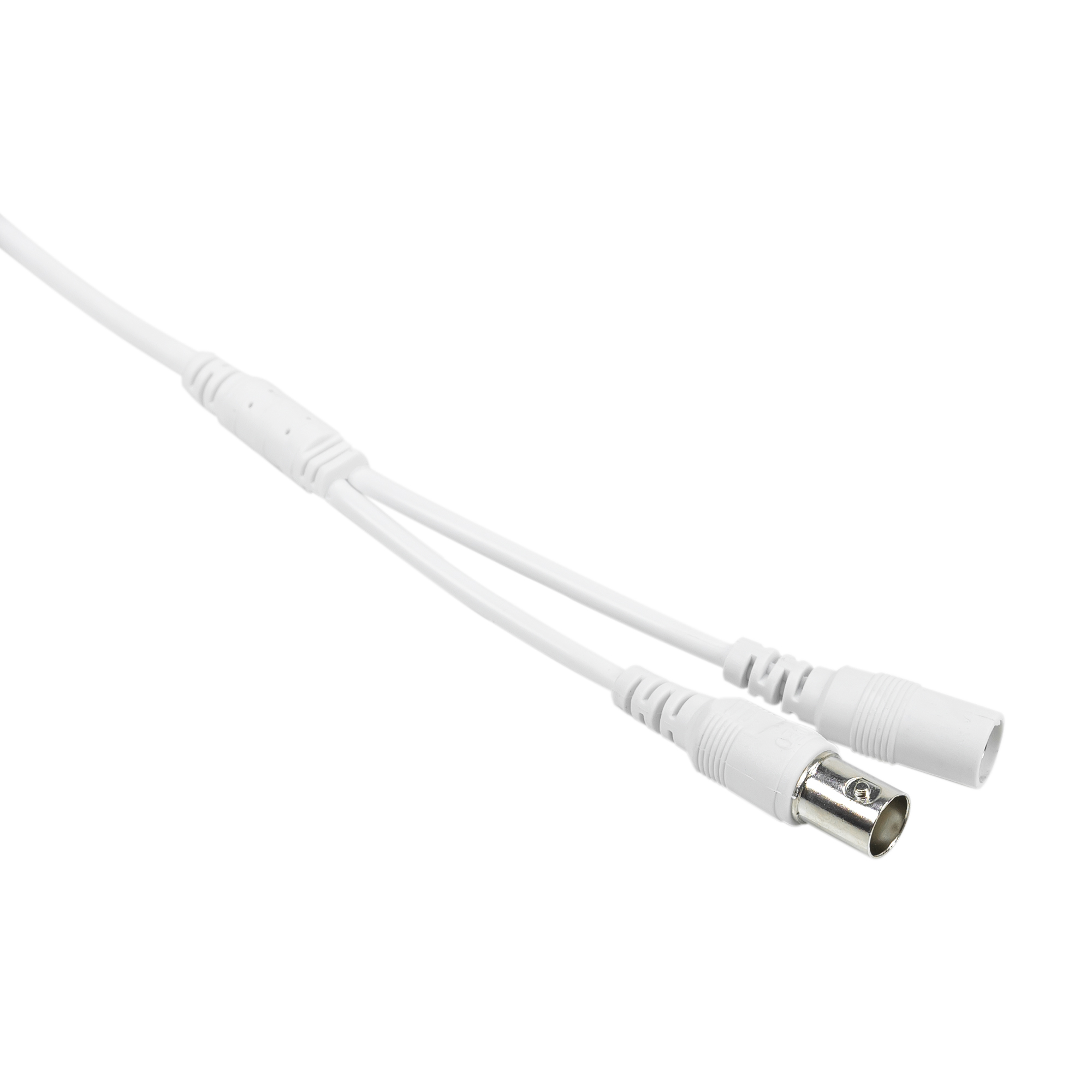 Weißes Kabel mit zwei Steckern. Einer ist ein BNC-Stecker, der andere eine Buchse.